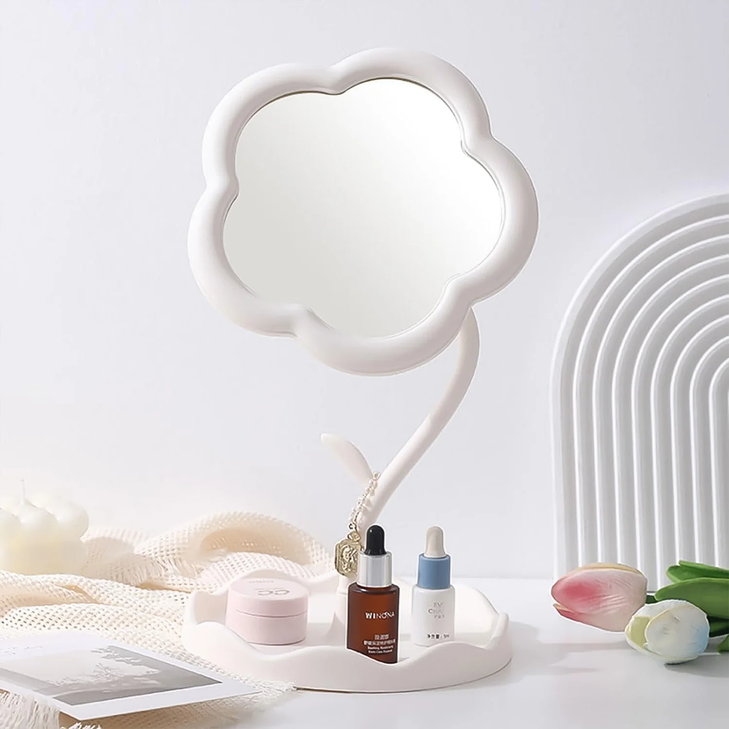 Flower-Shaped Makeup Mirror, Rotatable Makeup Mirror with Tray Table Vanity - Image 5