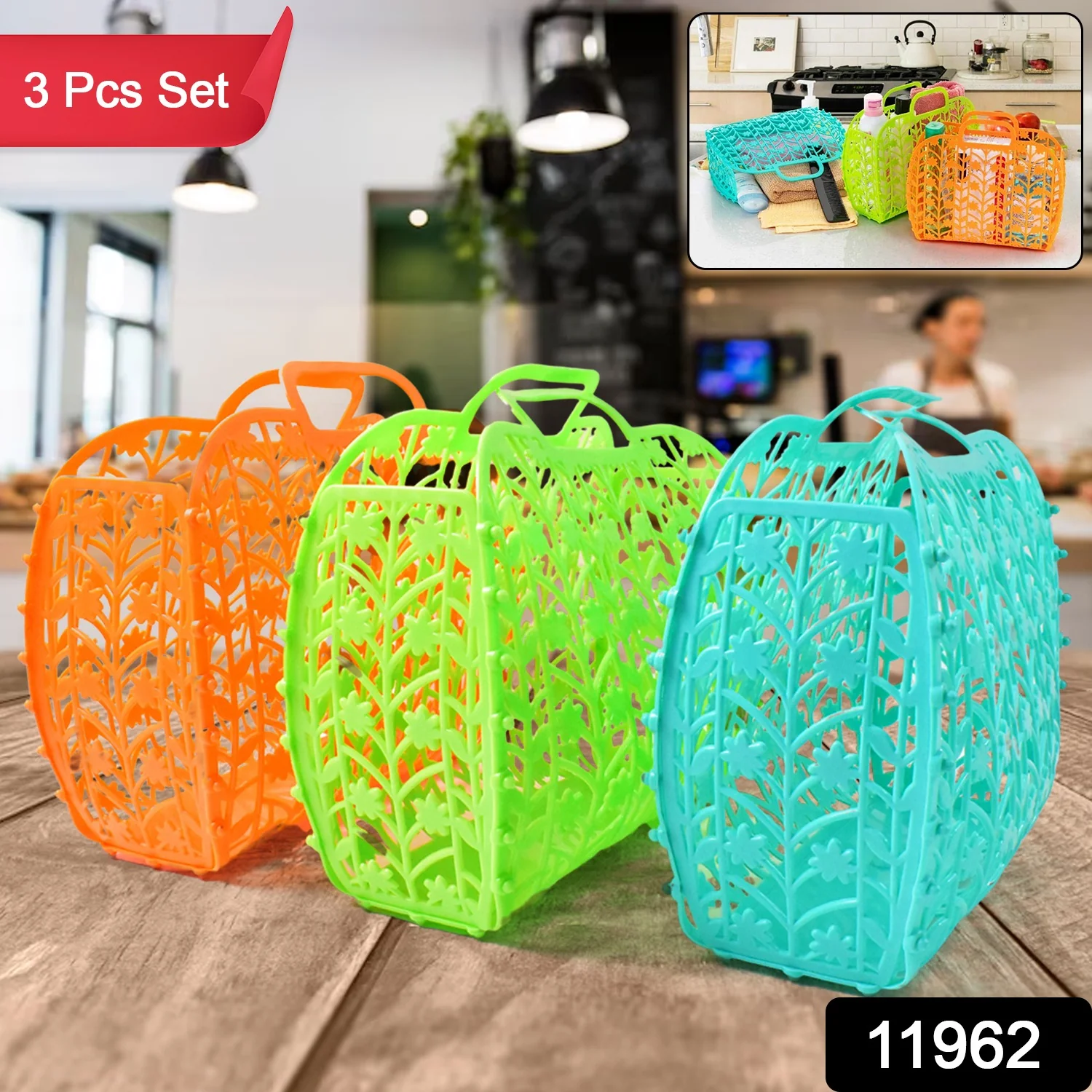 Plastic Basket Bag || Fruit & Vegetable Storage Basket (3 Pcs Set / Multicolor) - Image 2
