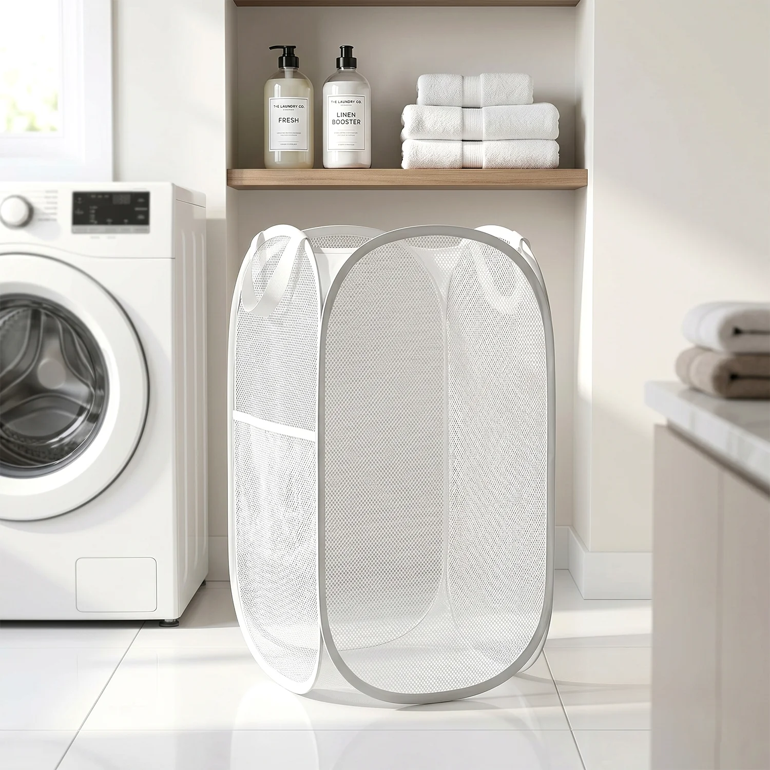 Foldable Laundry Basket Fabric Mesh Clothes Hamper Bag (1 Pc,33x33x54cm) - Image 3