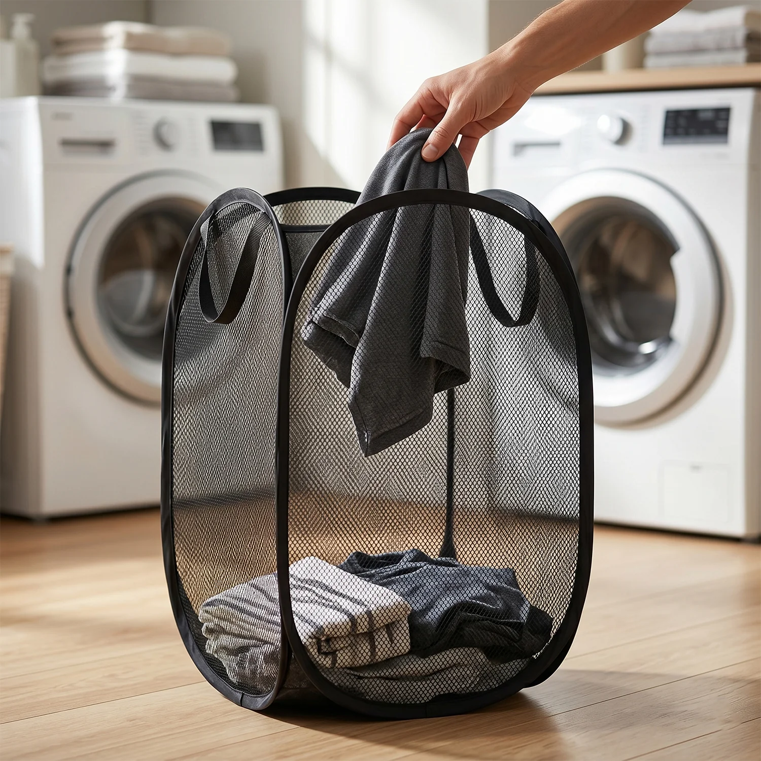Foldable Mesh Laundry Basket Storage Hamper Bag (1 Pc, 34x34x57 Cm) - Image 8