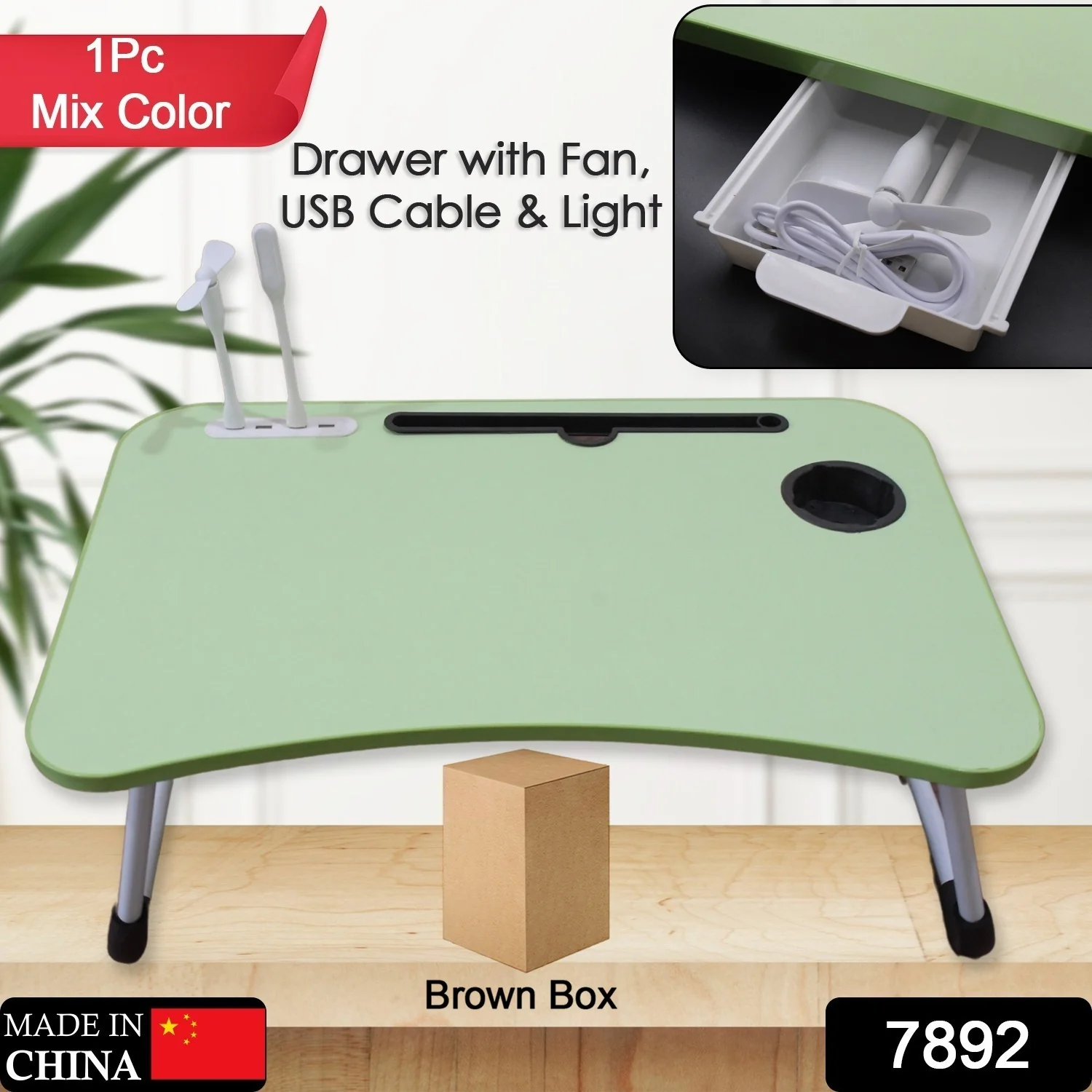 MultiPurpose Study Table Foldable Portable Notebook Bed Lap Desk Tray Stand Reading Holder with Coffee Cup Slot, Drawer, Fan, USB Cable & Light for Breakfast, Reading & Movie Watching (1 Pc Mix Color) - Image 2