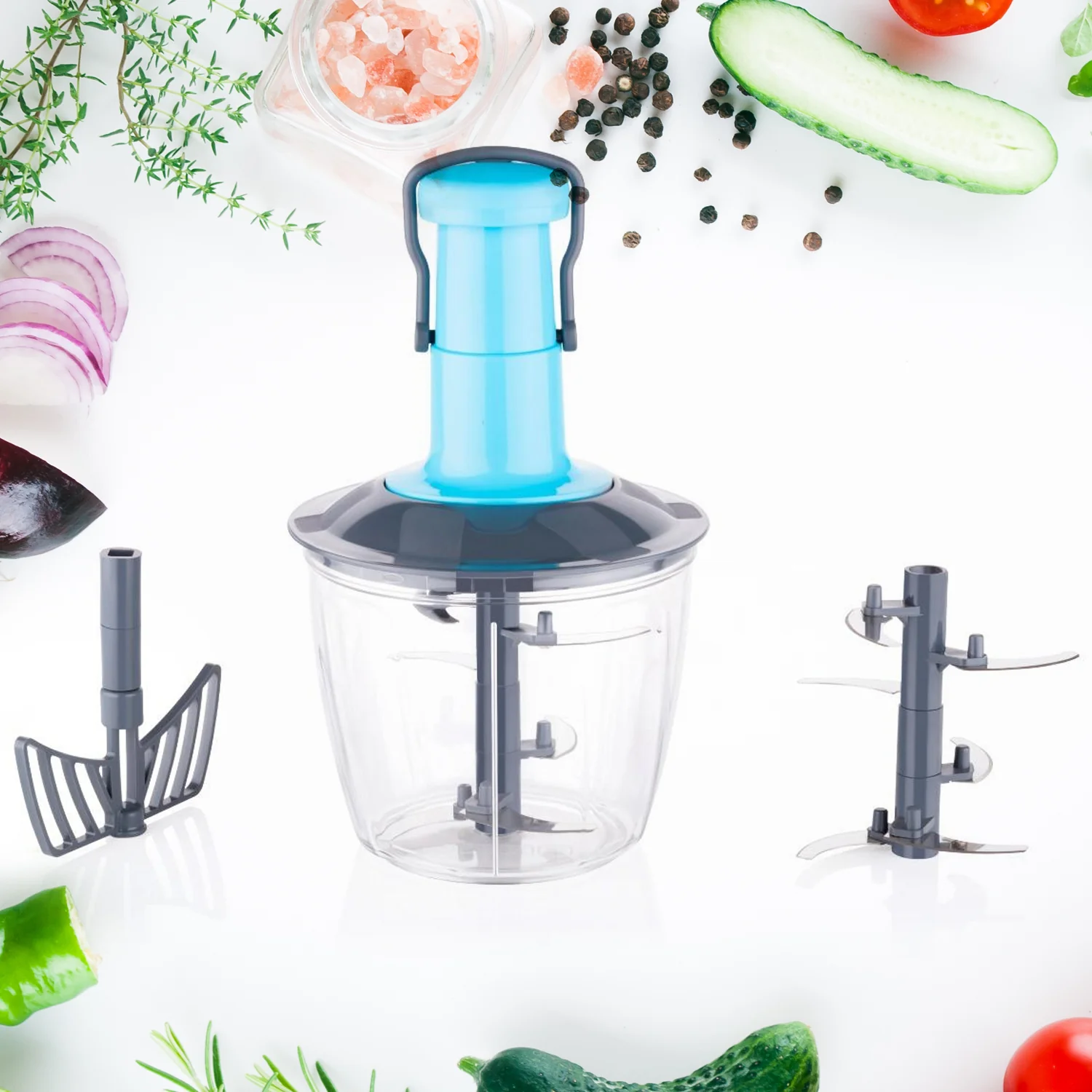 6 Blades Manual Hand-Press Vegetable Chopper (1100 ML / Mix Color) - Image 3