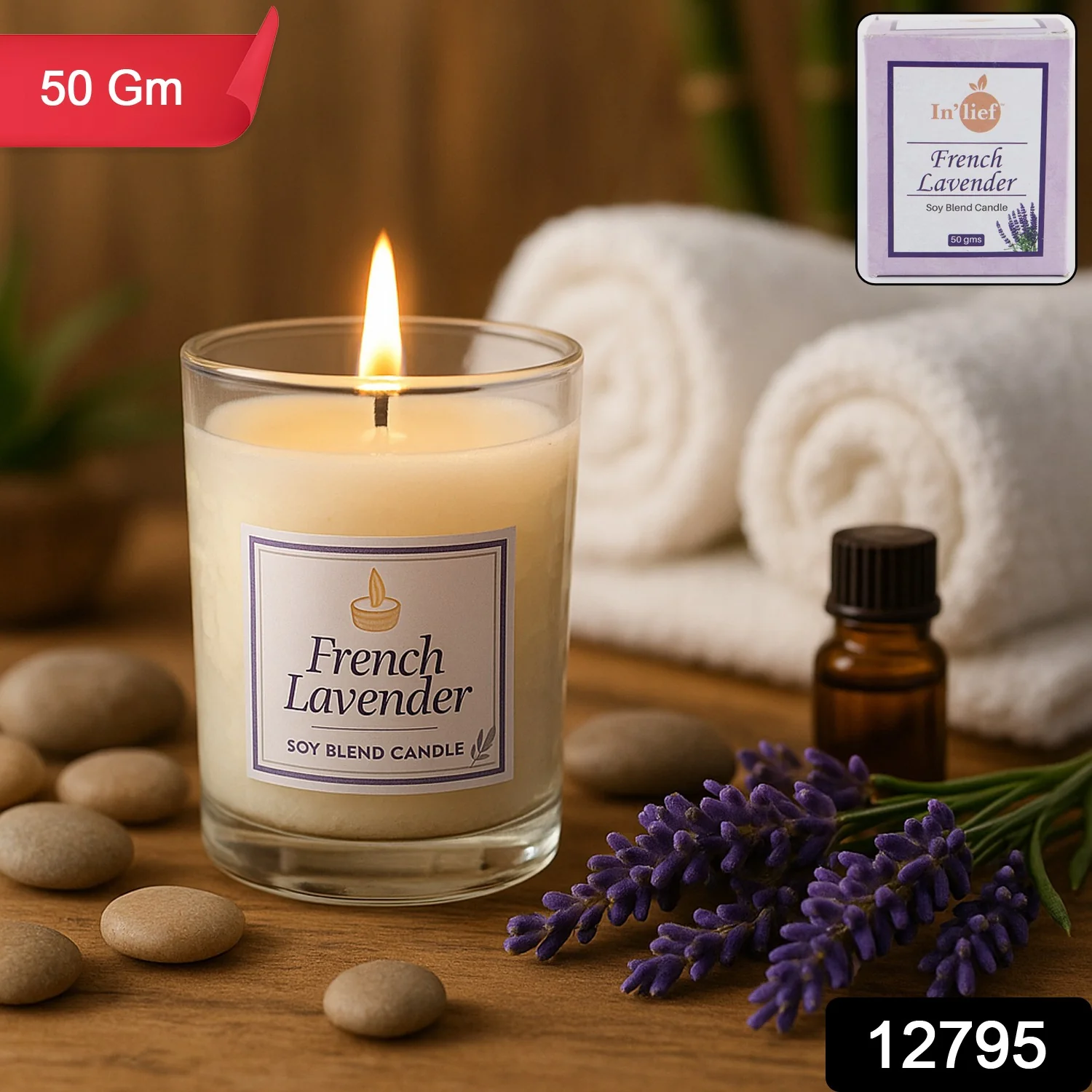 In'lief French Lavender Soy Blend Scented Candle in Glass Jar (50GM / 1 Pc) - Image 2