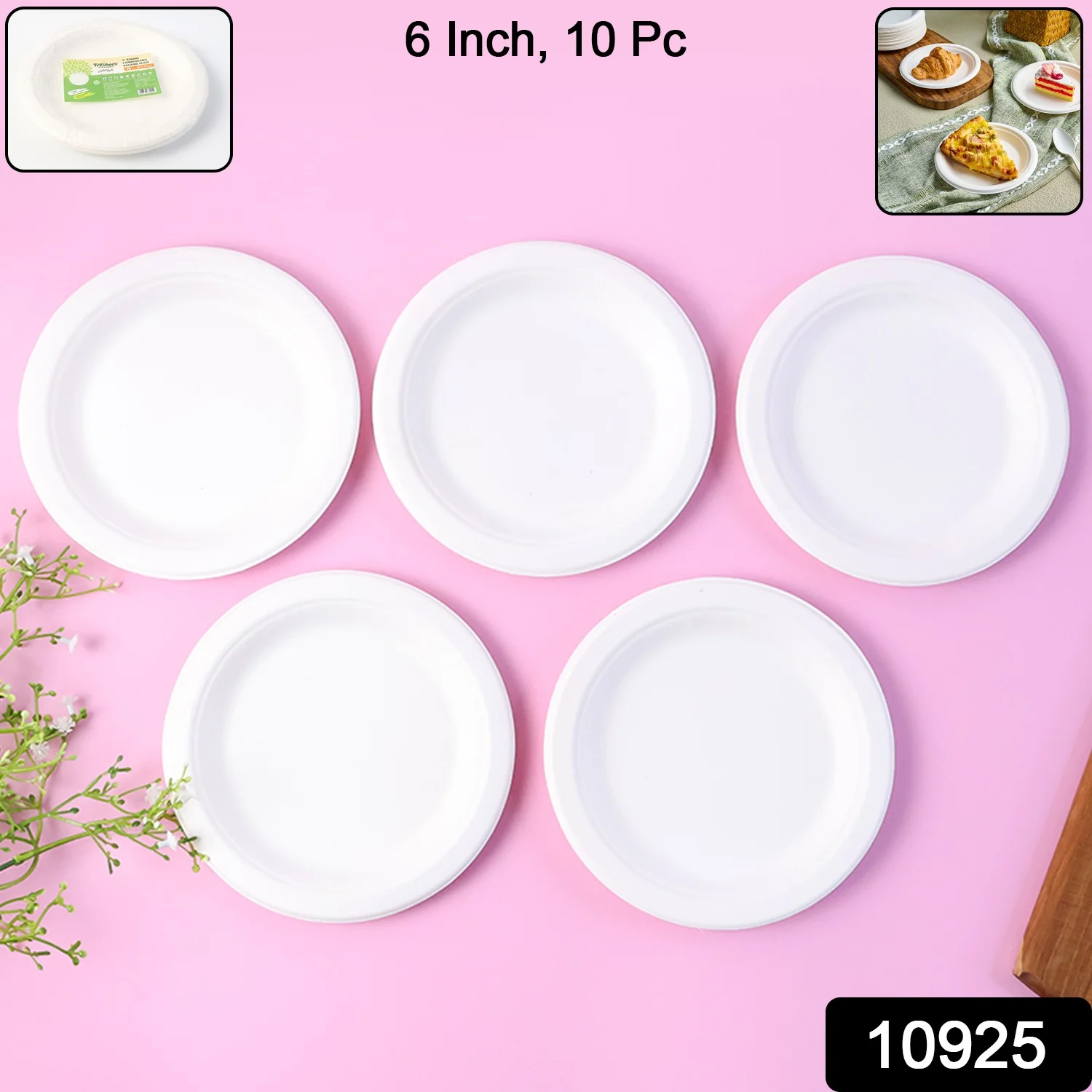 Freshee 6 Inch Round Compostable Bagasse Plate (10 Pcs Pack) - Image 2