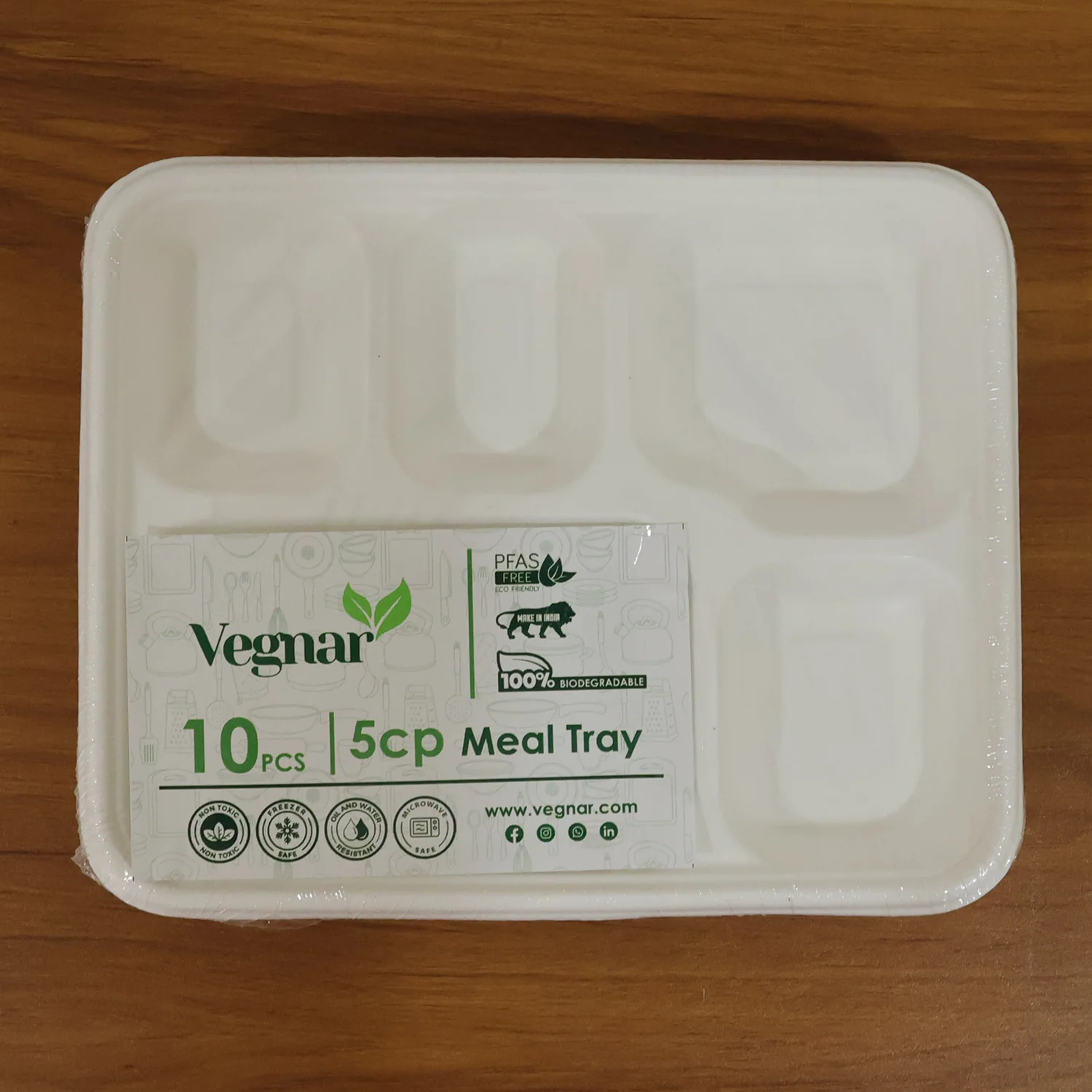 Vegnar 5 Compartment Compostable Bagasse Meal Tray 10 Pcs Set - Image 8