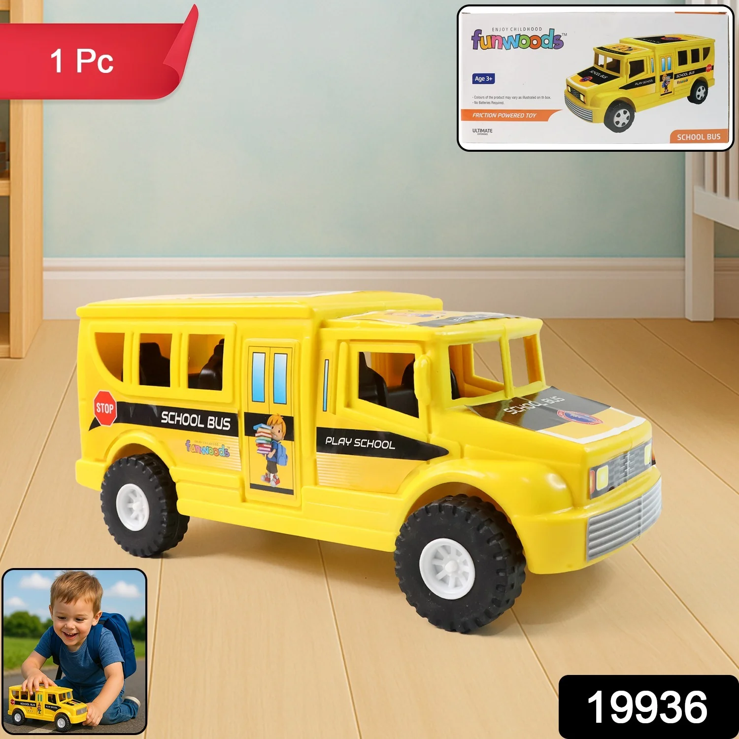 Funwoods Friction-Powered School Bus Push-and-Go Vehicle Toy (1 Pc) - Image 2