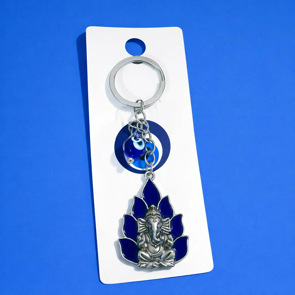 Ganesh Evil Eye Keychain with Blue Enamel for Car Keys & Bags - Image 2