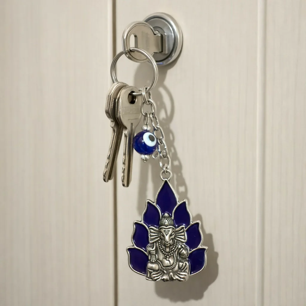 Ganesh Evil Eye Keychain with Blue Enamel for Car Keys & Bags - Image 3