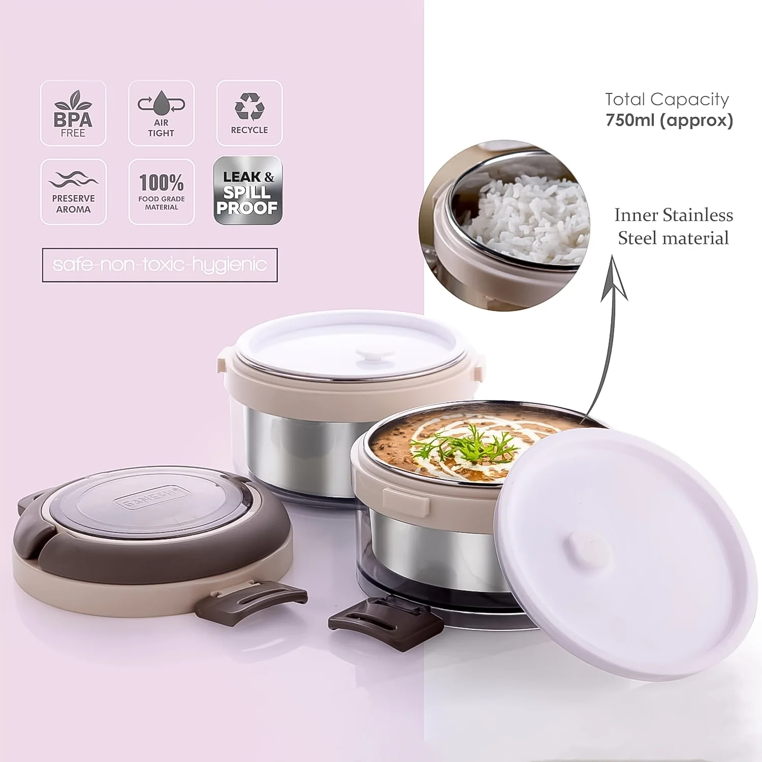 Ganesh Steko-2 Double Layer Stainless Steel Insulated Lunch Box Set - Image 4