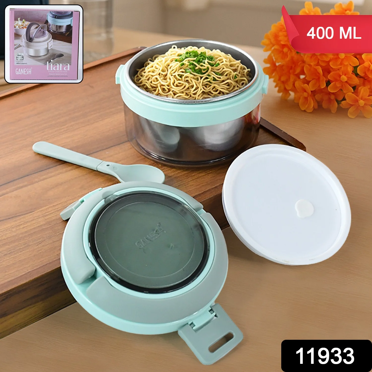 Ganesh Tiara 400ml Stainless Steel Insulated Lunch Box Leakproof Lid & Folding Spoon - Image 2