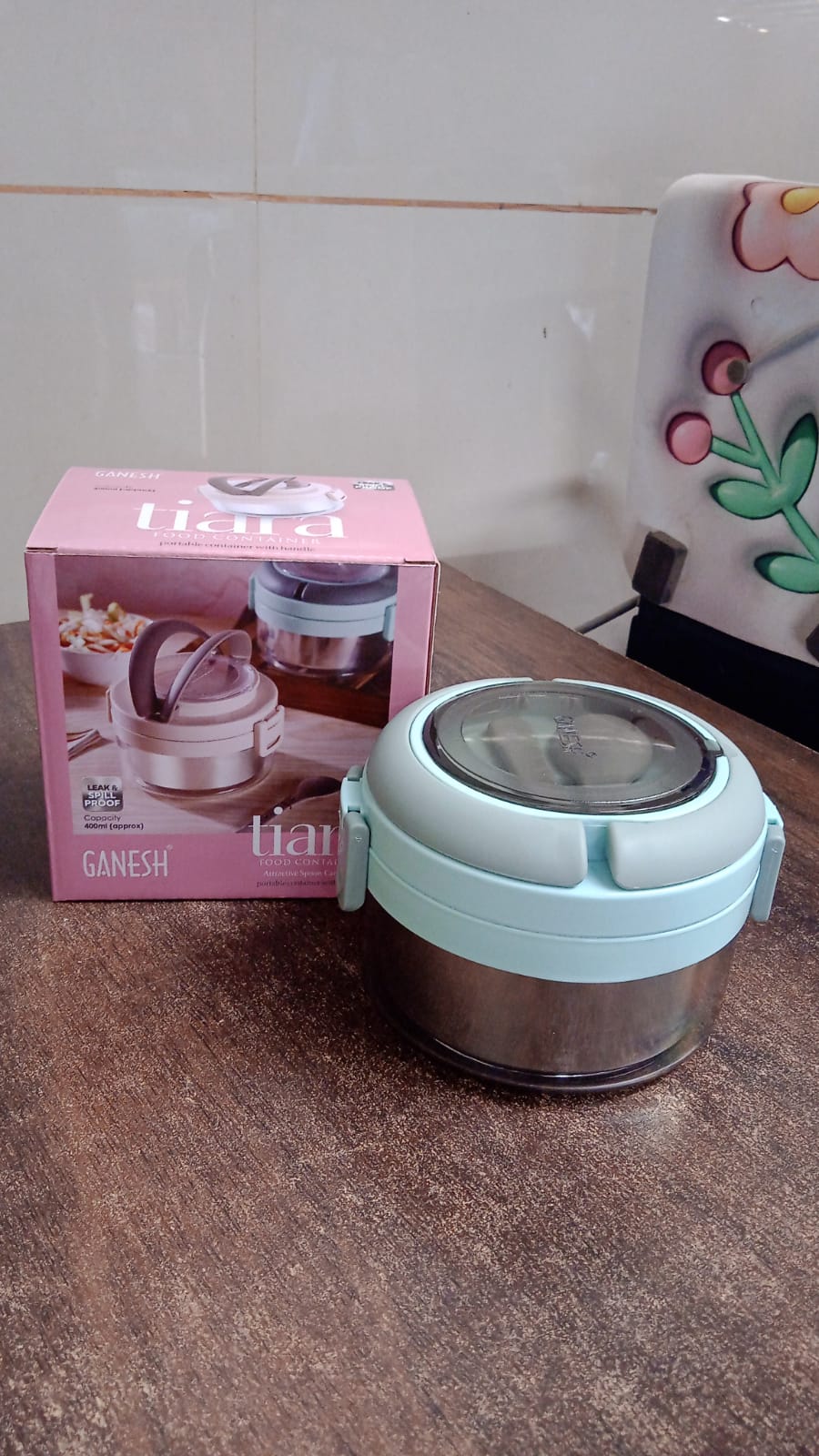 Ganesh Tiara 400ml Stainless Steel Insulated Lunch Box Leakproof Lid & Folding Spoon - Image 9