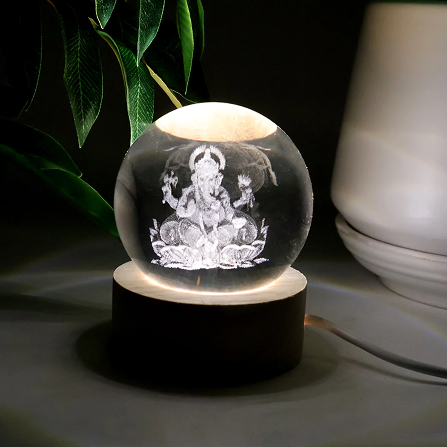 Ganpati 3D Crystal Ball lamps With Wood Base - Image 3