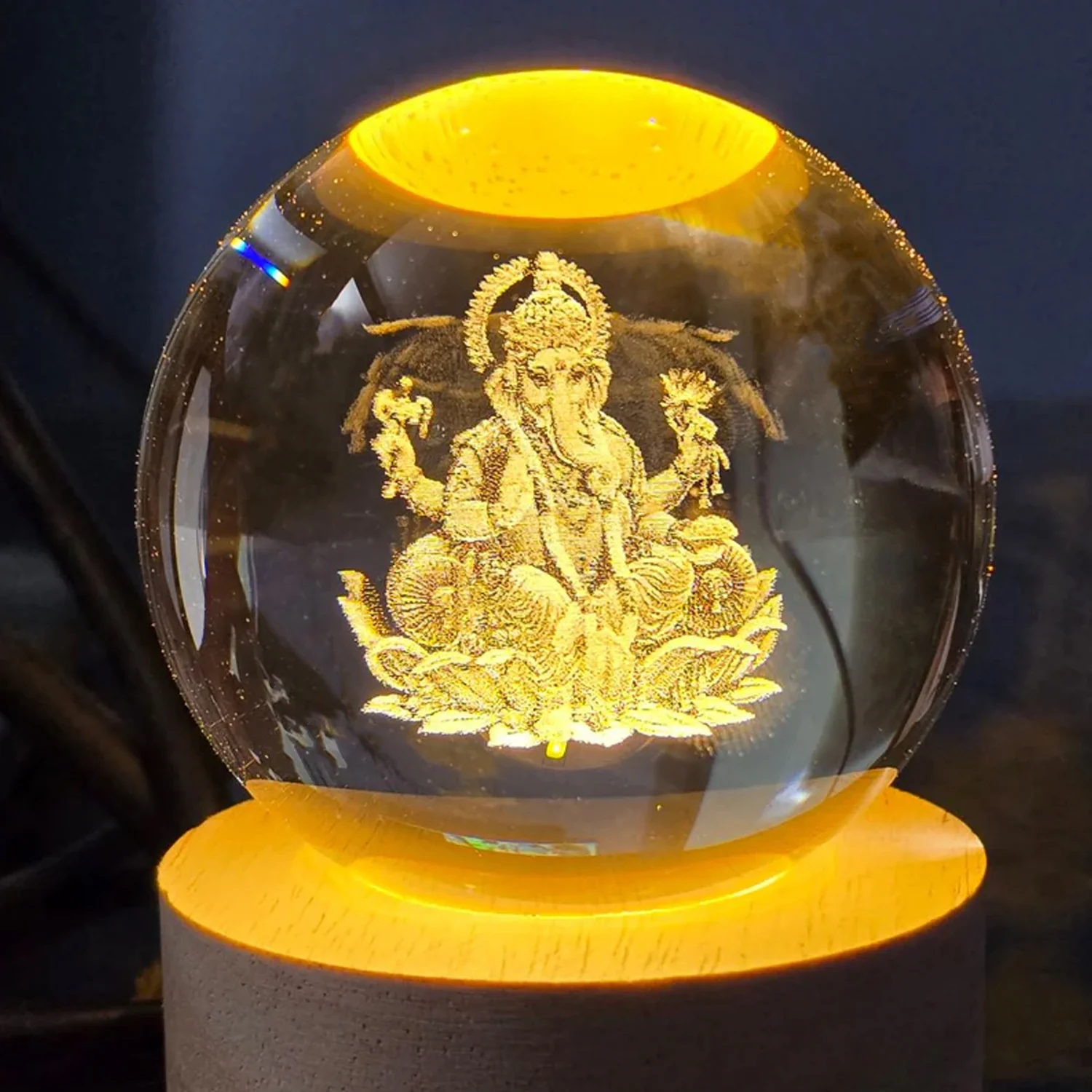 Ganpati 3D Crystal Ball lamps With Wood Base - Image 4