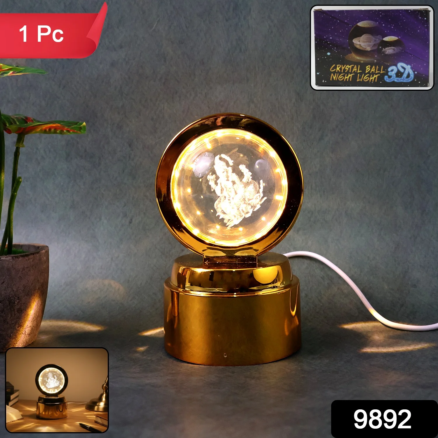 Ganpati Bapa 3D Crystal Ball Night Light with LED Illumination (1 Pc) - Image 2