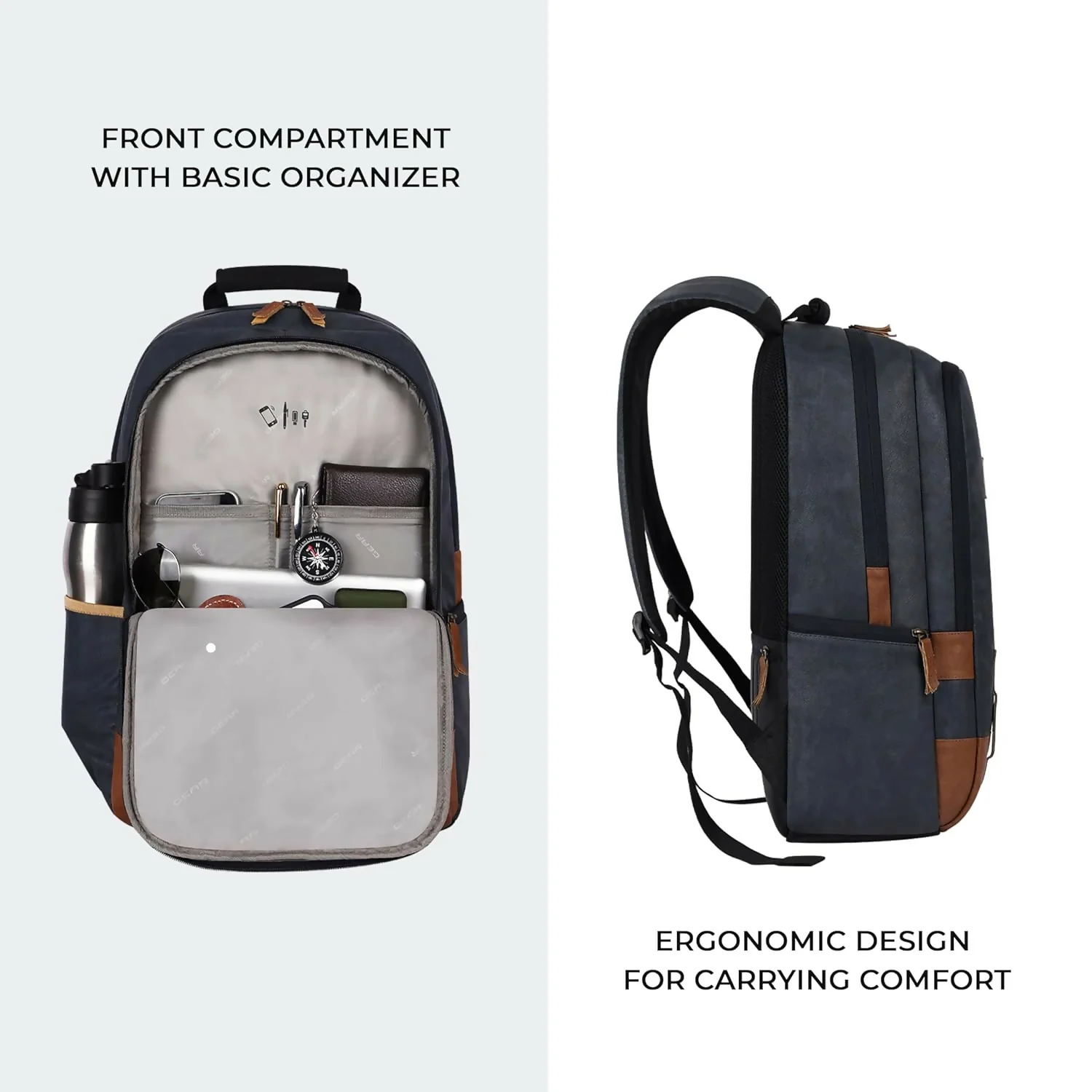 GEAR Laptop Back Pack Classic Faux Leather Navy Blue Tan - Image 2