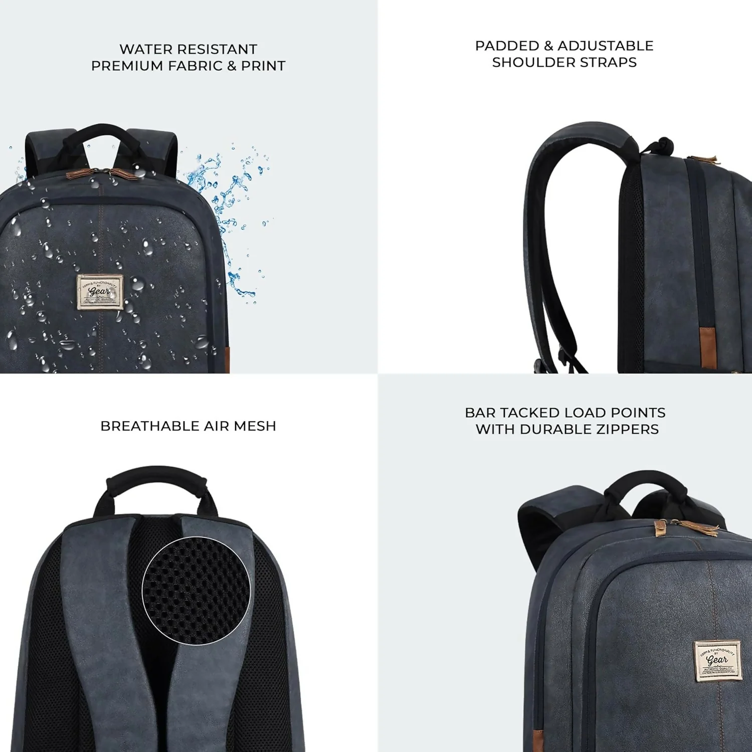 GEAR Laptop Back Pack Classic Faux Leather Navy Blue Tan - Image 3