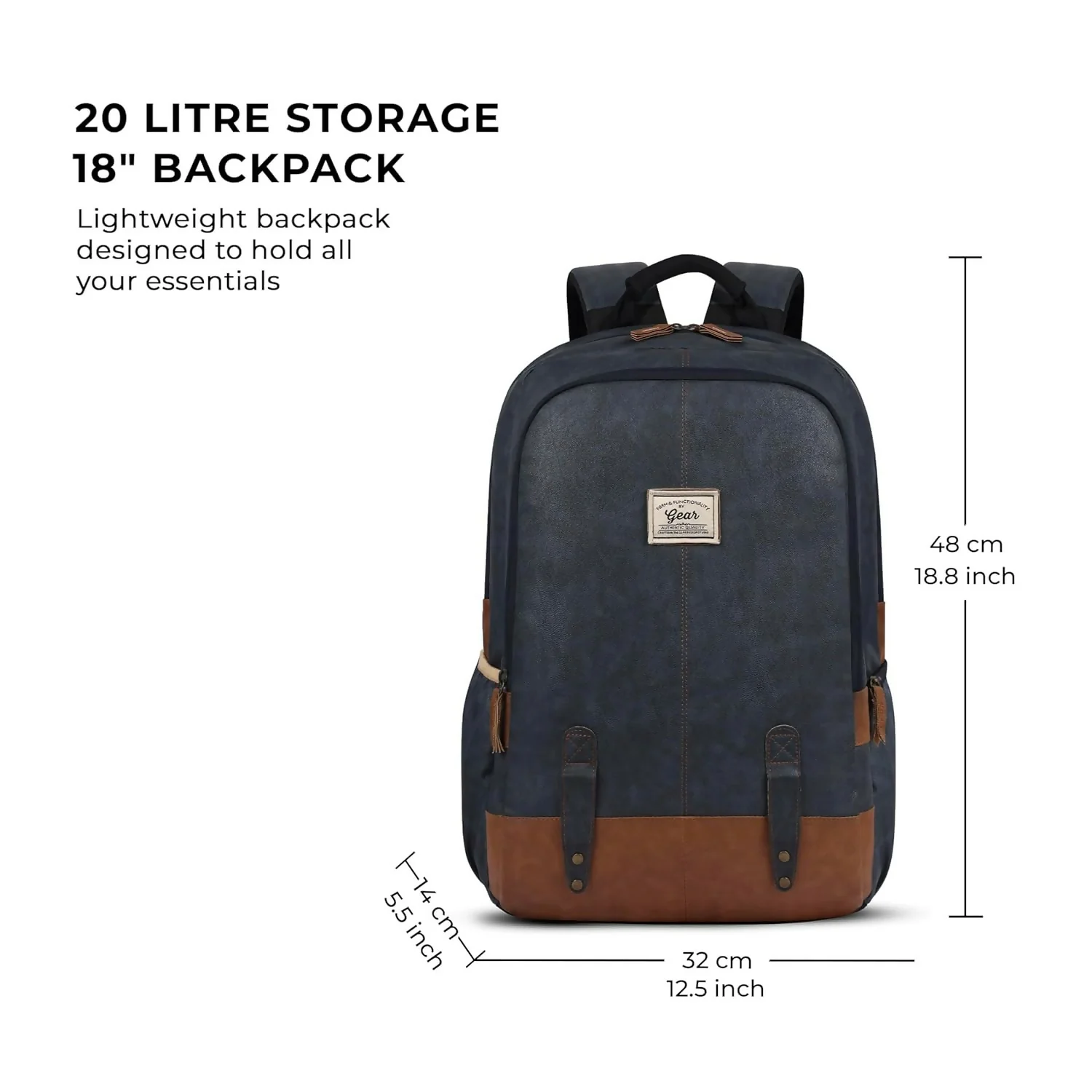 GEAR Laptop Back Pack Classic Faux Leather Navy Blue Tan - Image 4