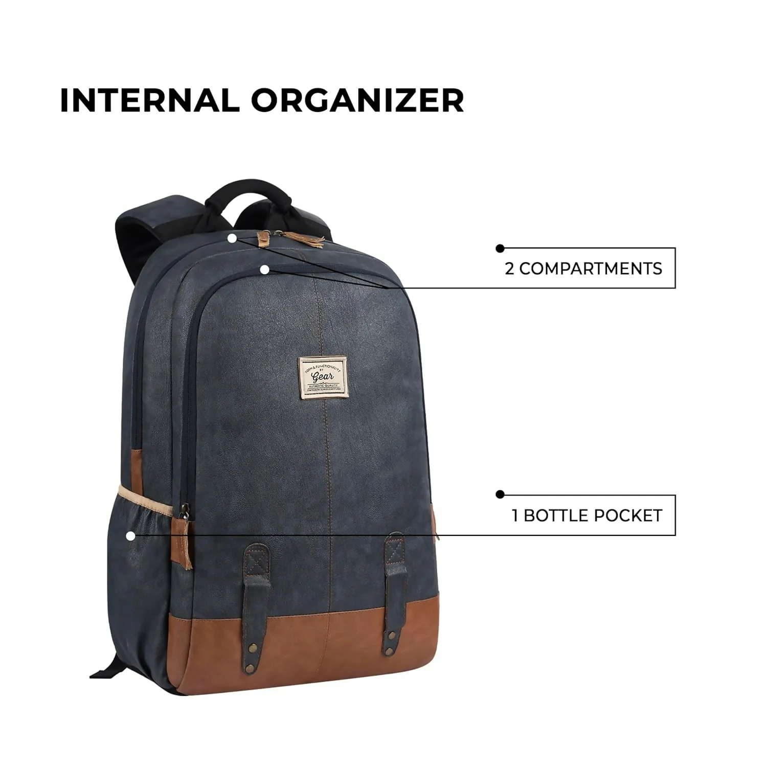GEAR Laptop Back Pack Classic Faux Leather Navy Blue Tan - Image 5