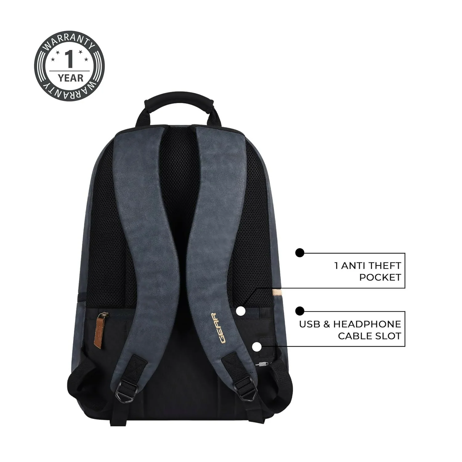 GEAR Laptop Back Pack Classic Faux Leather Navy Blue Tan - Image 6