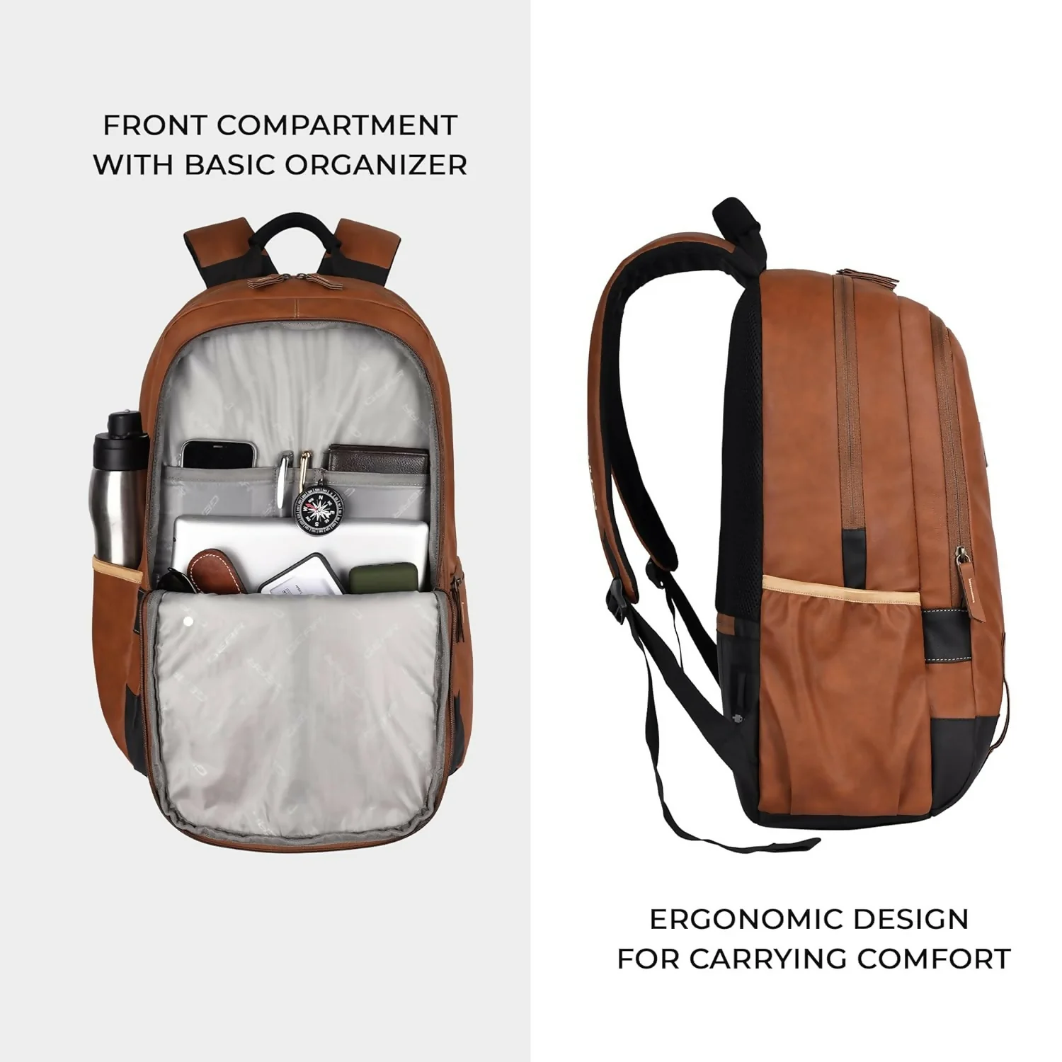 GEAR Laptop Back Pack Classic Faux Leather Tan Black - Image 2