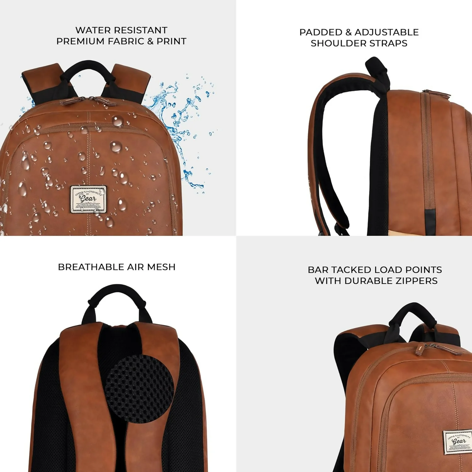 GEAR Laptop Back Pack Classic Faux Leather Tan Black - Image 3