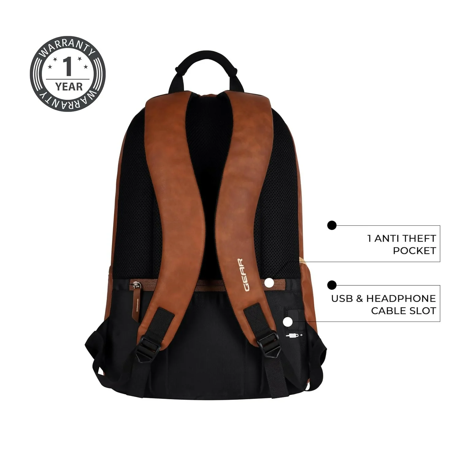 GEAR Laptop Back Pack Classic Faux Leather Tan Black - Image 4