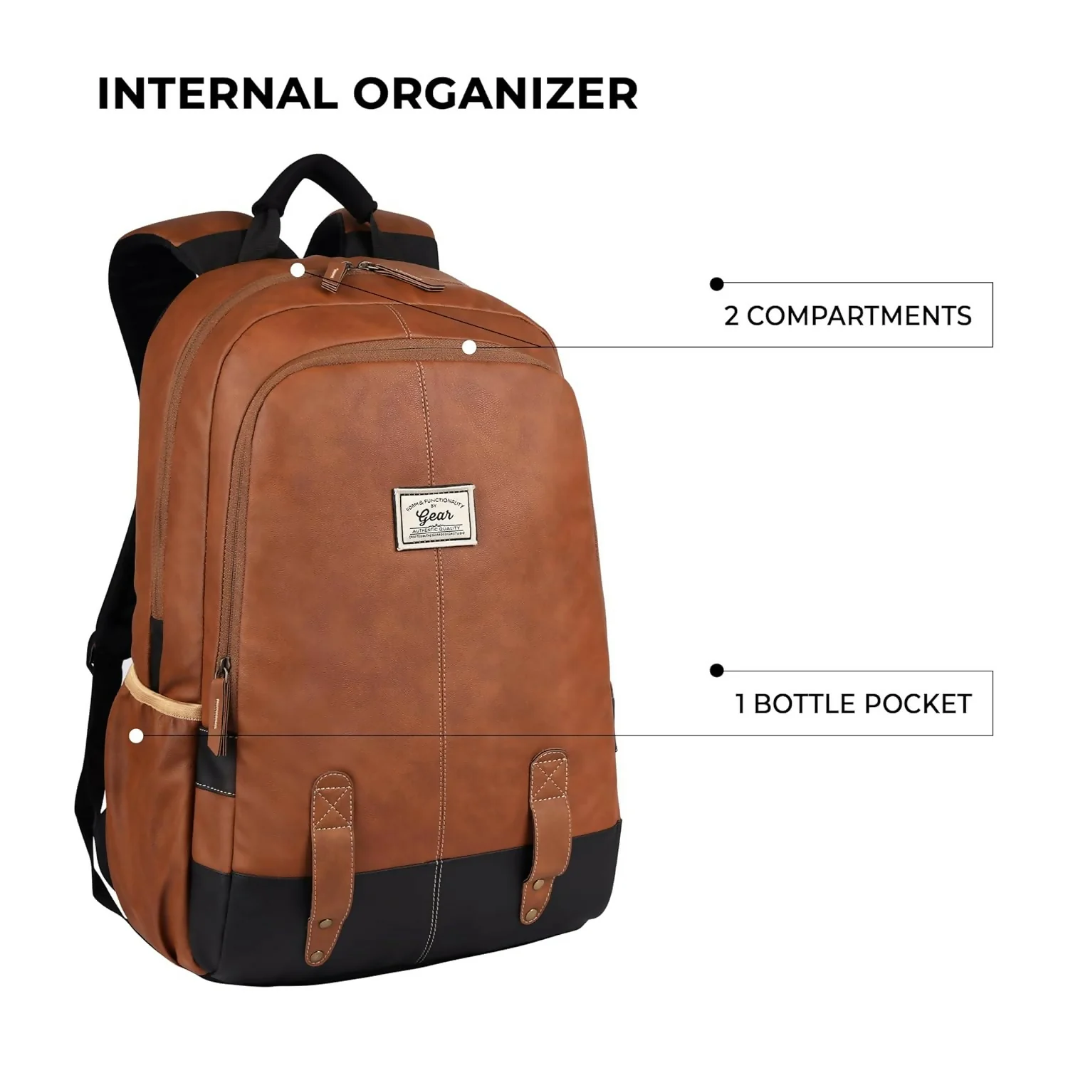 GEAR Laptop Back Pack Classic Faux Leather Tan Black - Image 6