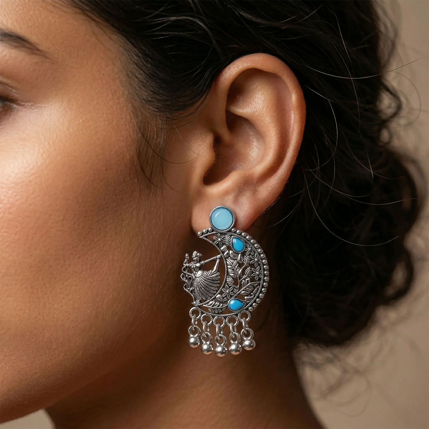German Silver Chandbali Style Earrings with Sky Blue Stones & Ghungroo Hangings - Image 2