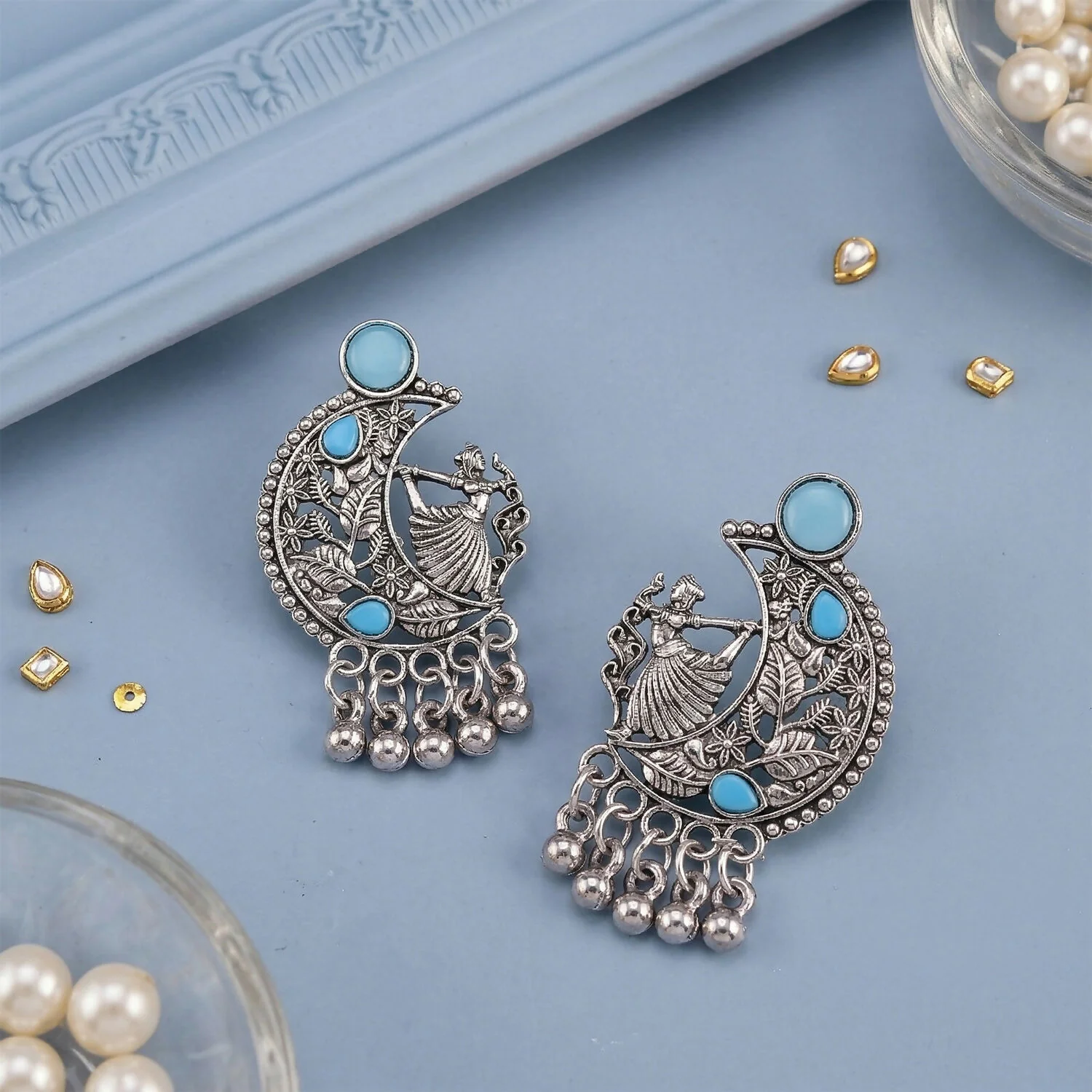 German Silver Chandbali Style Earrings with Sky Blue Stones & Ghungroo Hangings - Image 3
