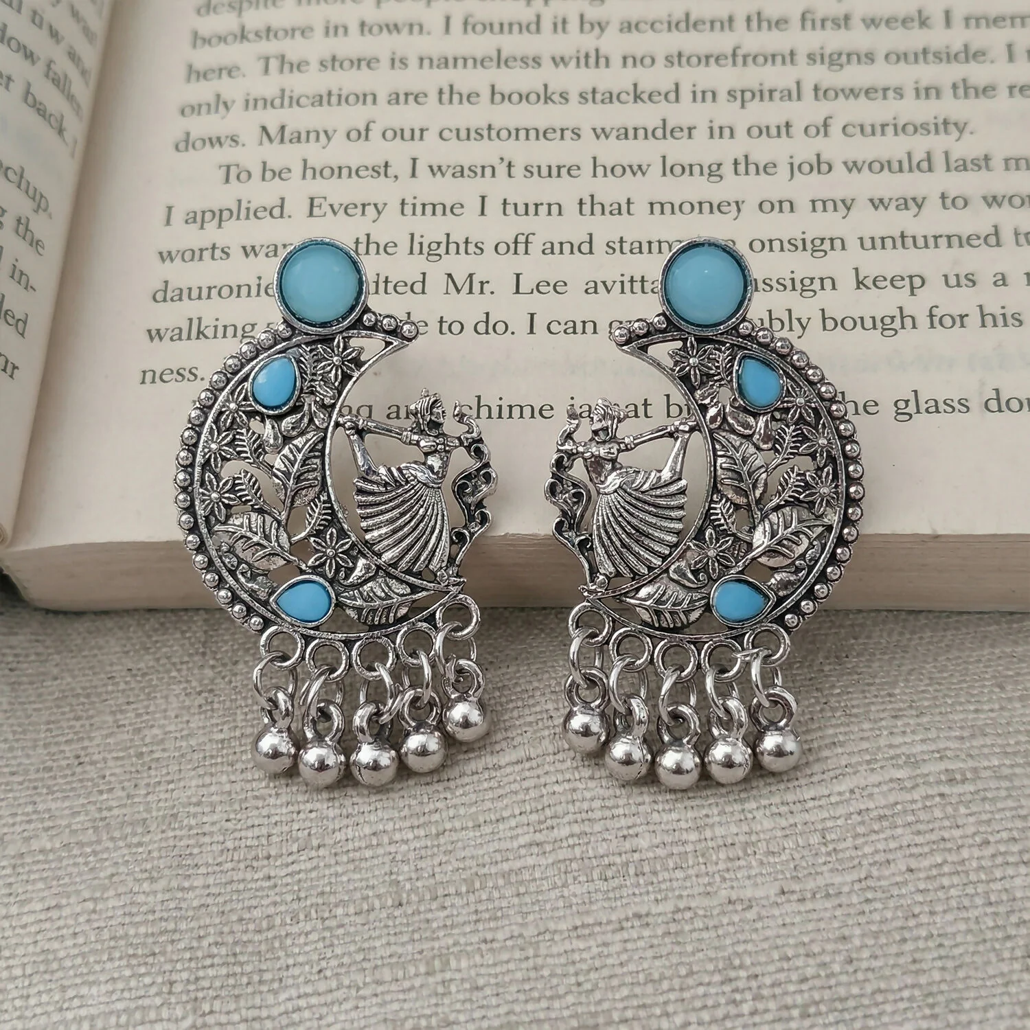 German Silver Chandbali Style Earrings with Sky Blue Stones & Ghungroo Hangings - Image 4