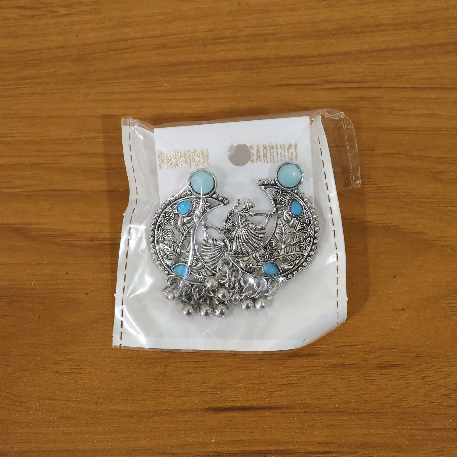 German Silver Chandbali Style Earrings with Sky Blue Stones & Ghungroo Hangings - Image 5