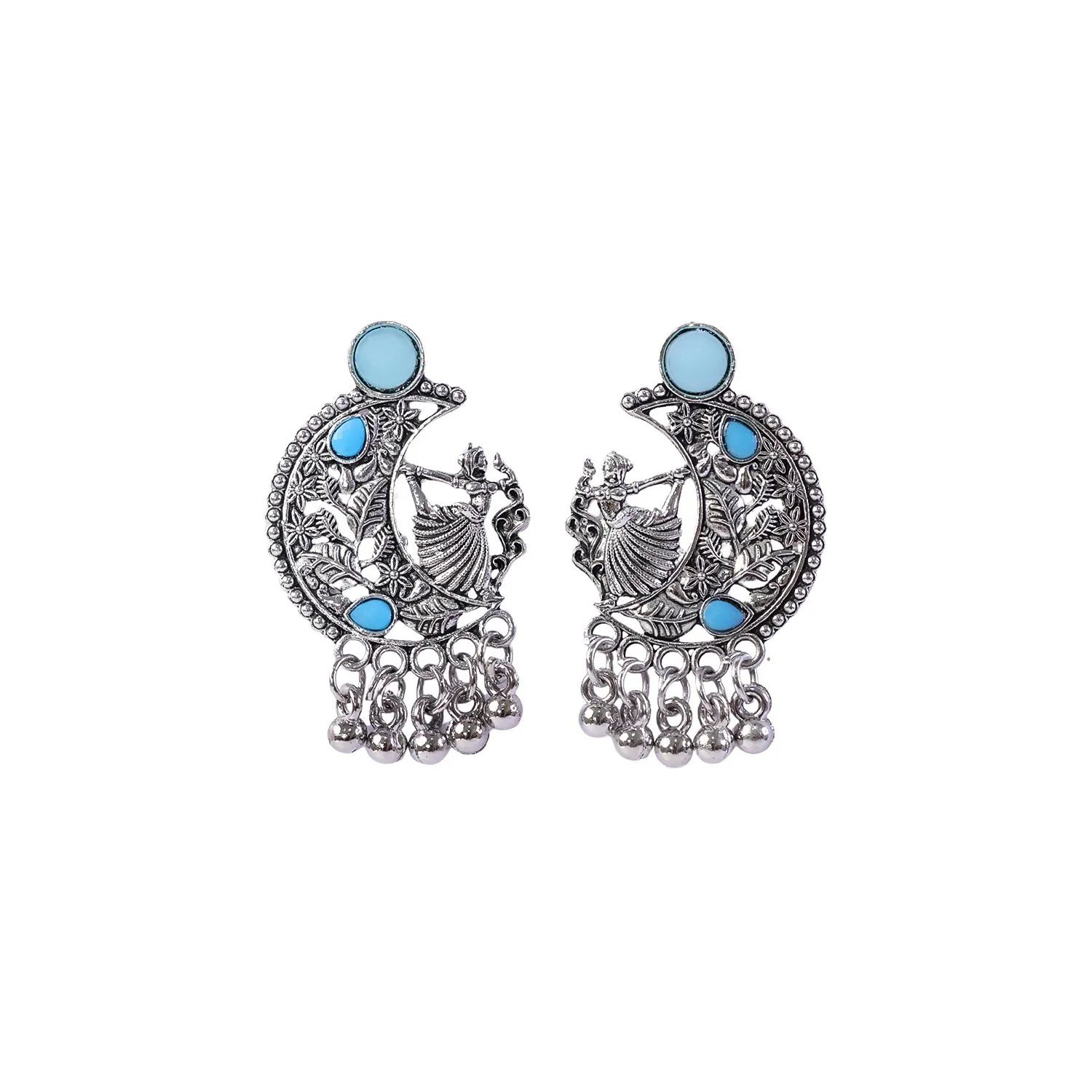 German Silver Chandbali Style Earrings with Sky Blue Stones & Ghungroo Hangings - Image 6