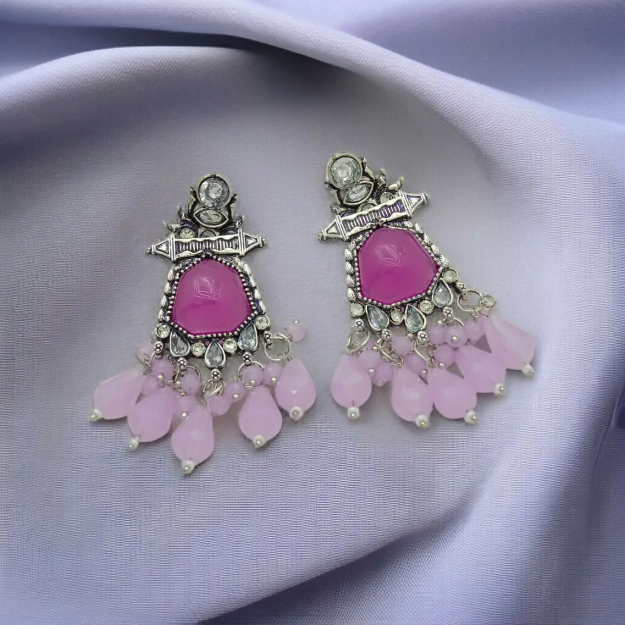 German Silver Oxidized Earrings with Fuchsia Stones & Pastel Drops - Image 3