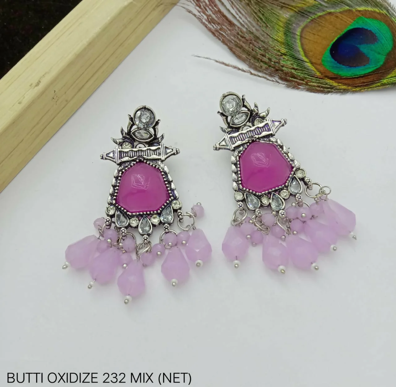 German Silver Oxidized Earrings with Fuchsia Stones & Pastel Drops - Image 4