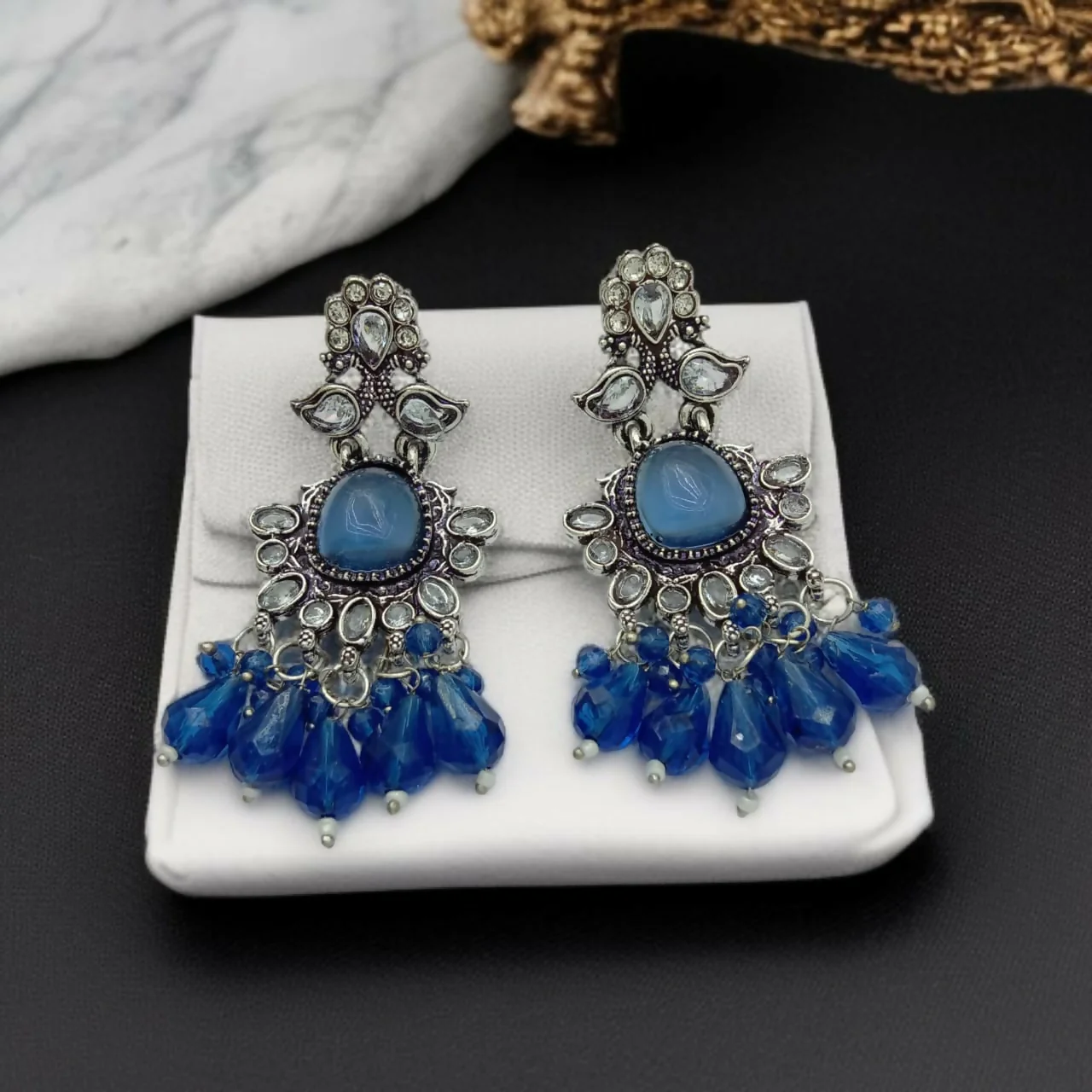 Royal Sapphire Oxidized German Silver Earrings - Image 3
