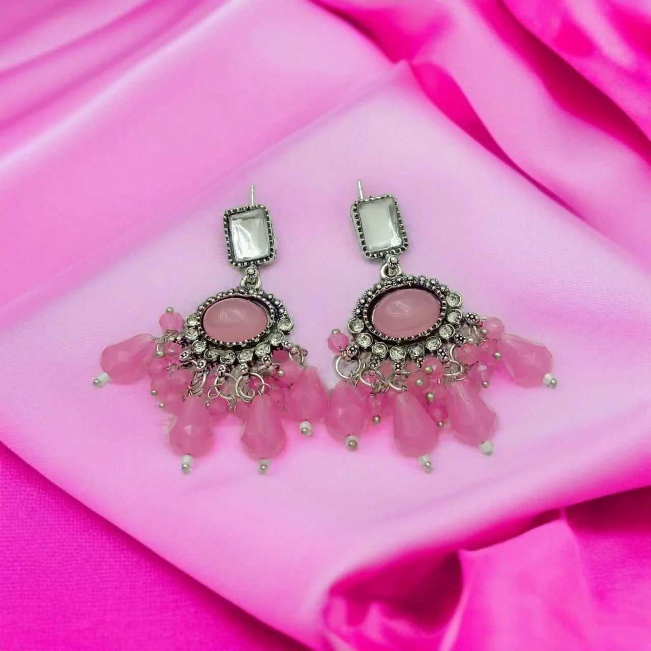 Baby Pink Stone Antique Finish German Earrings - Image 2