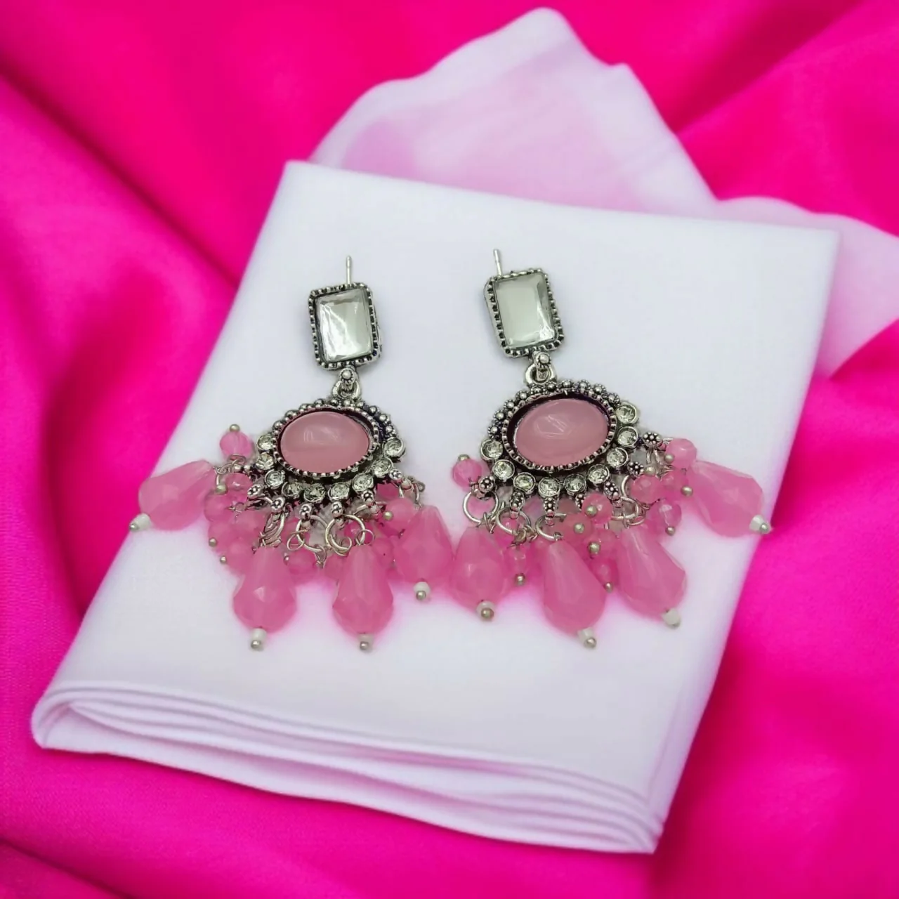 Baby Pink Stone Antique Finish German Earrings - Image 3