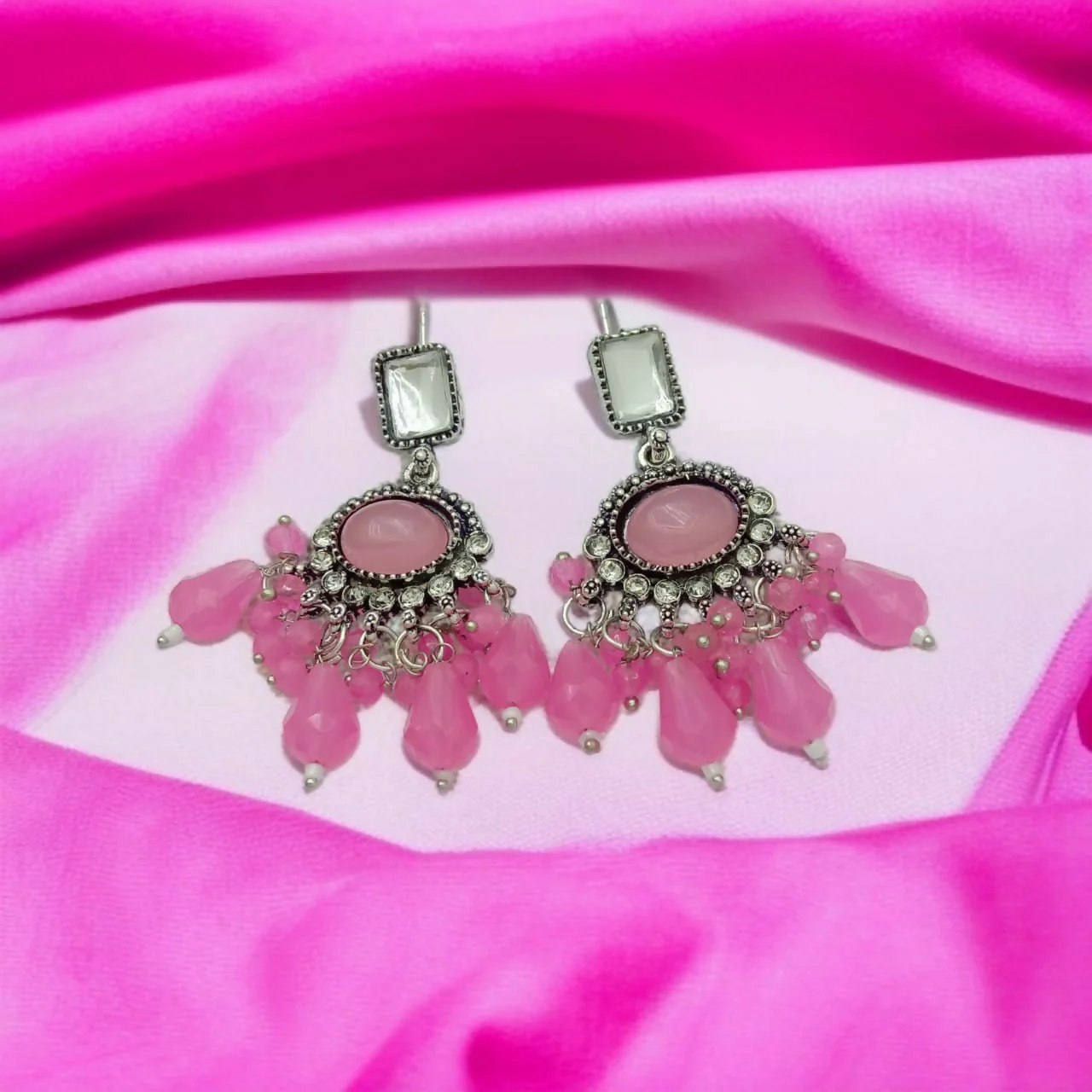 Baby Pink Stone Antique Finish German Earrings - Image 4