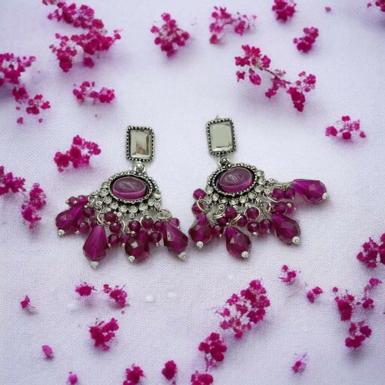 Oxidized Silver Chandbali Earrings with Magenta German Earings - Image 2