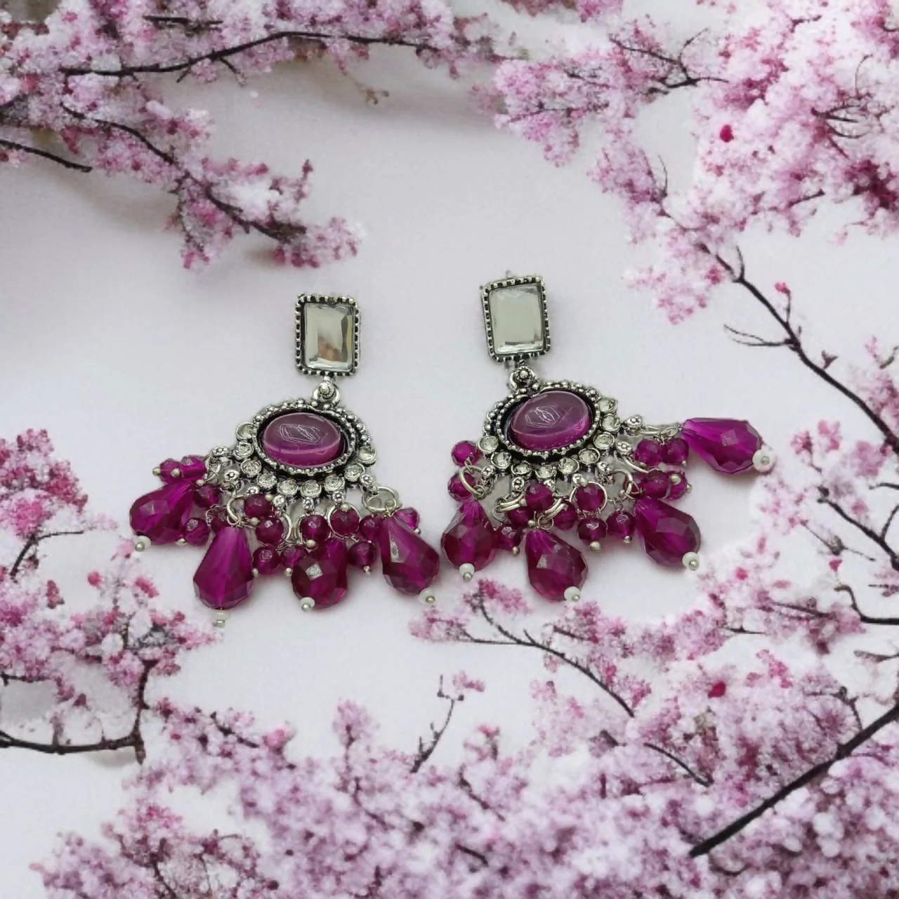 Oxidized Silver Chandbali Earrings with Magenta German Earings - Image 3
