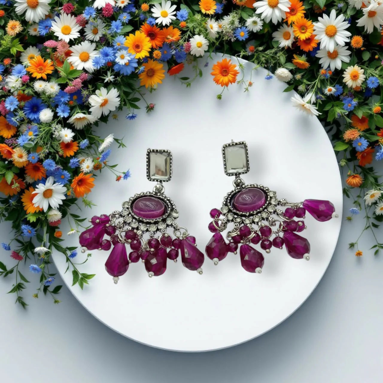 Oxidized Silver Chandbali Earrings with Magenta German Earings - Image 4