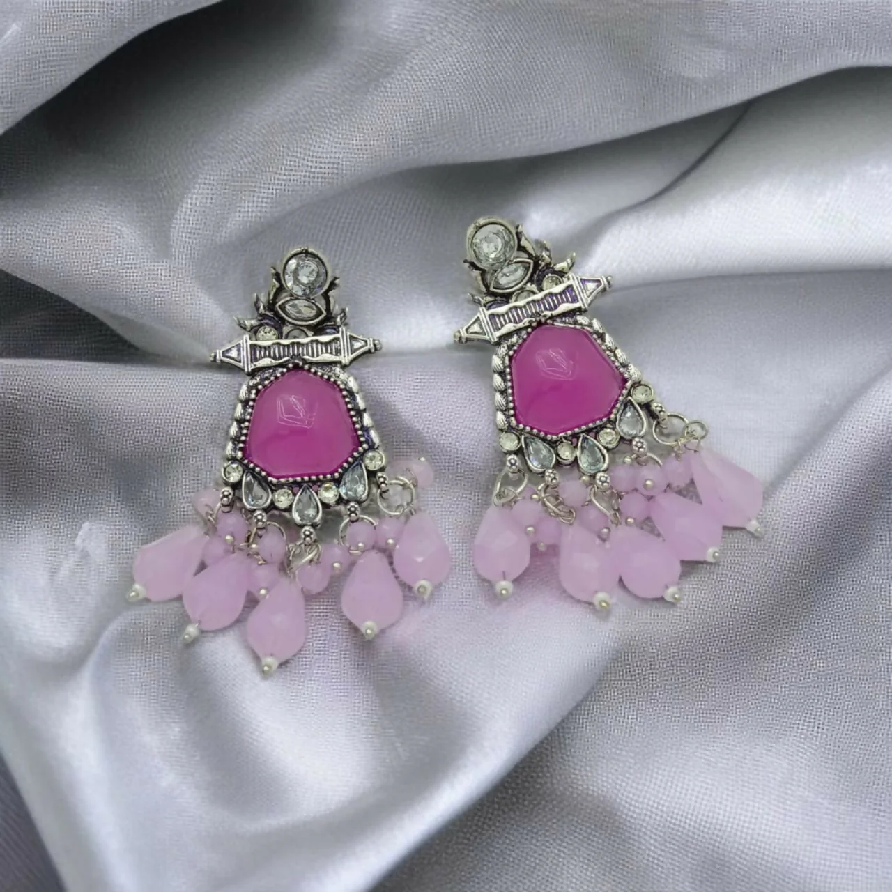Vintage-Finish Tribal Jhumkas with Fuchsia and Light Pink Drops - Image 2