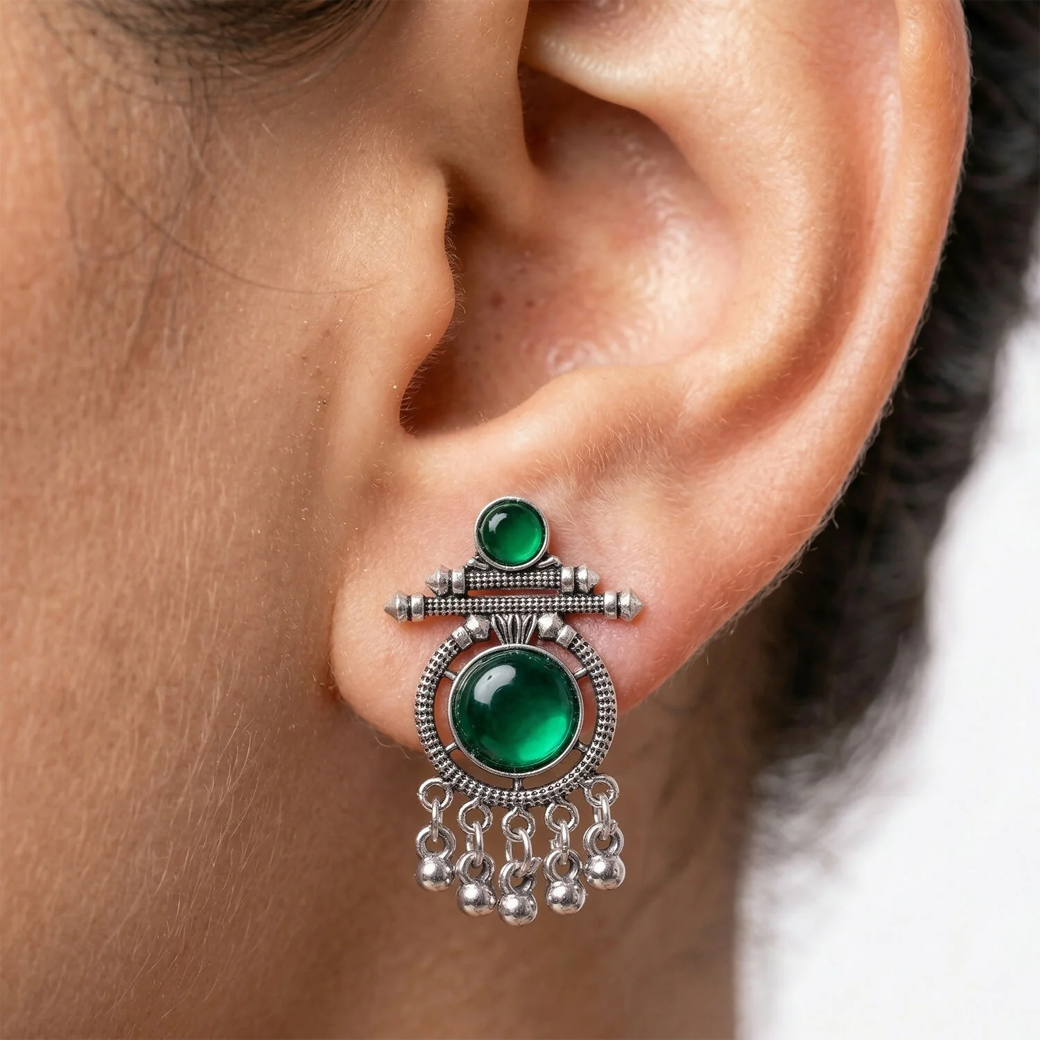German Silver Green Stone Drop Earrings for Women | Festive & Party Wear Jewelry - Image 2
