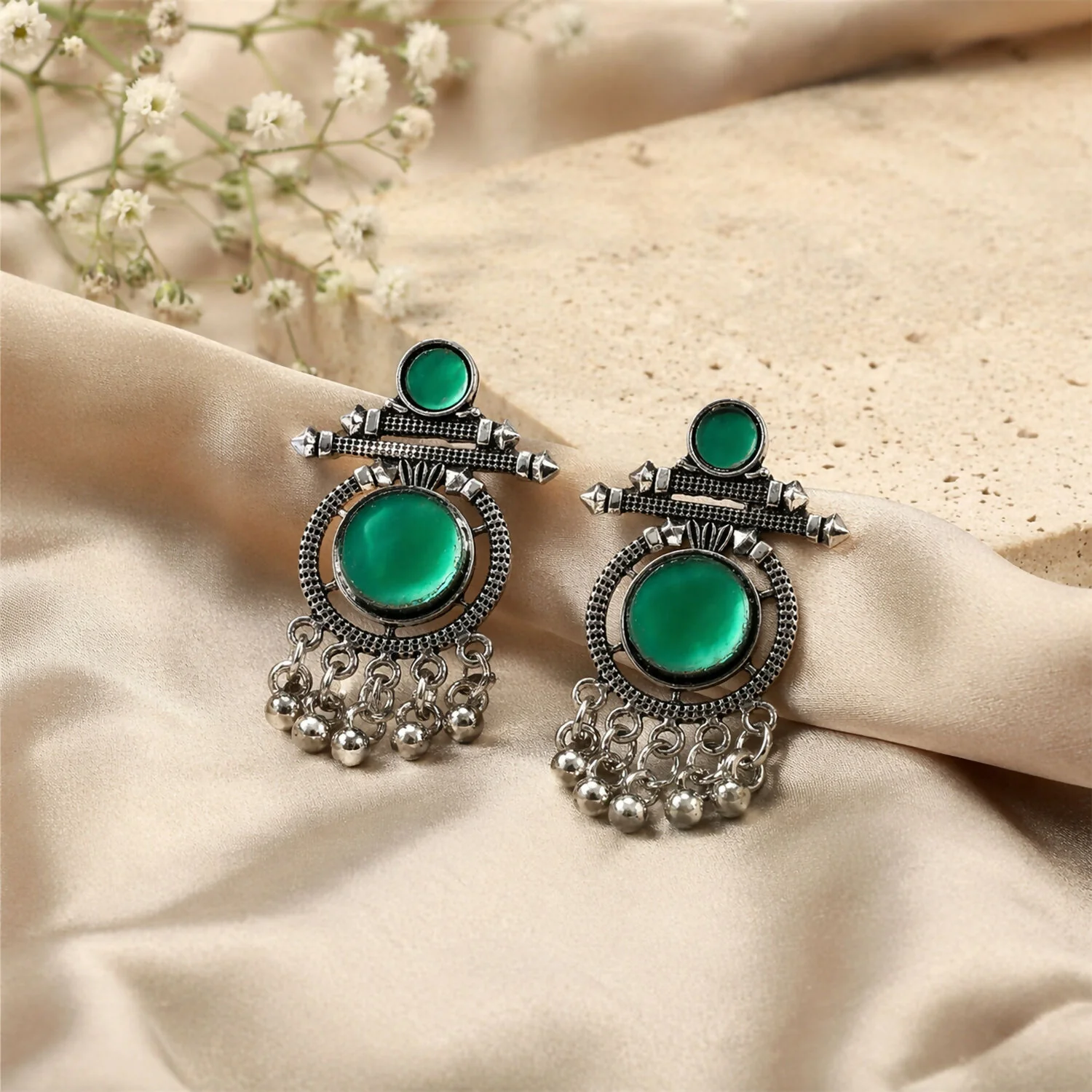 German Silver Green Stone Drop Earrings for Women | Festive & Party Wear Jewelry - Image 3