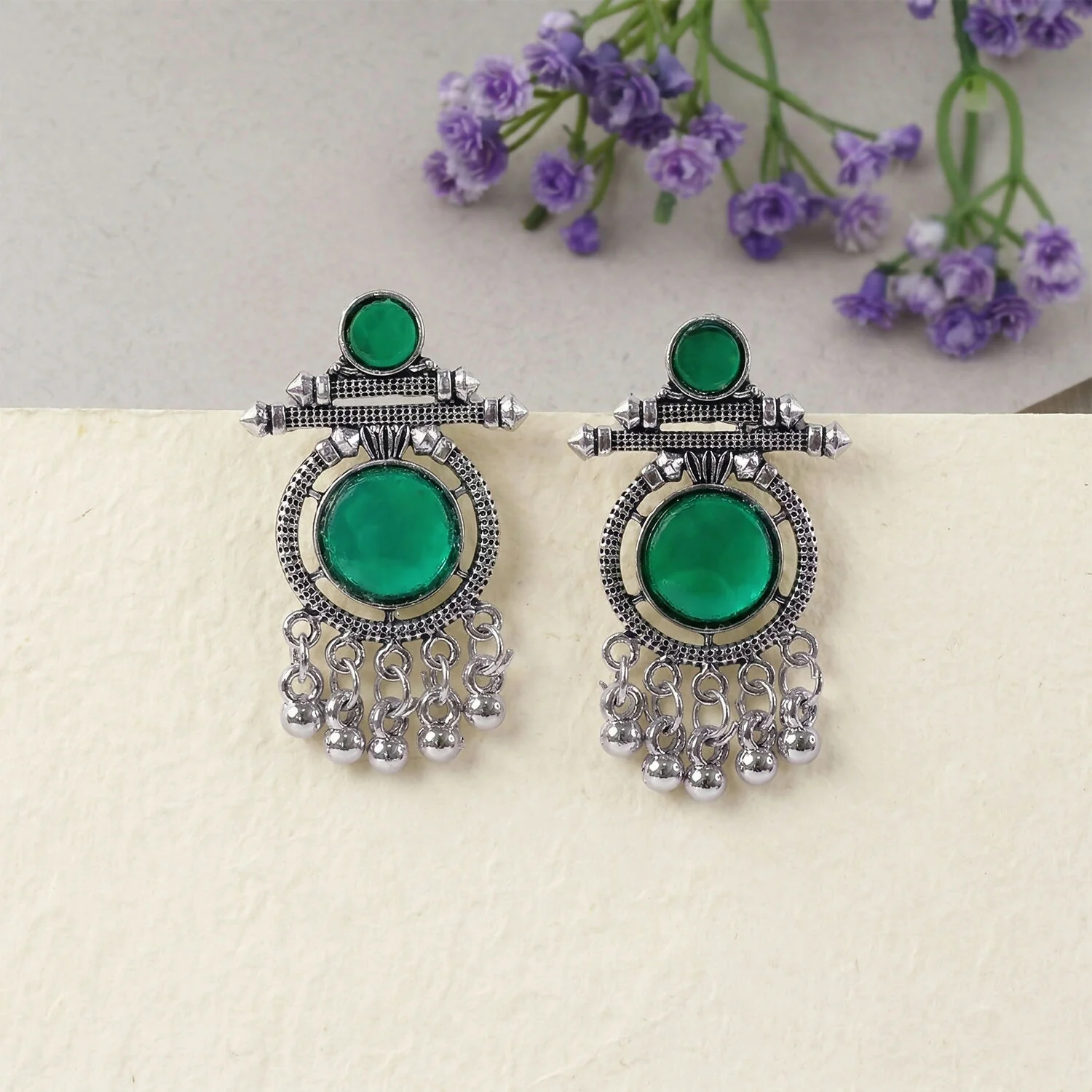 German Silver Green Stone Drop Earrings for Women | Festive & Party Wear Jewelry - Image 4