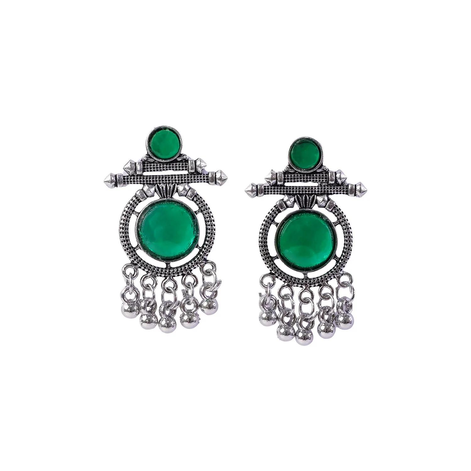 German Silver Green Stone Drop Earrings for Women | Festive & Party Wear Jewelry - Image 6