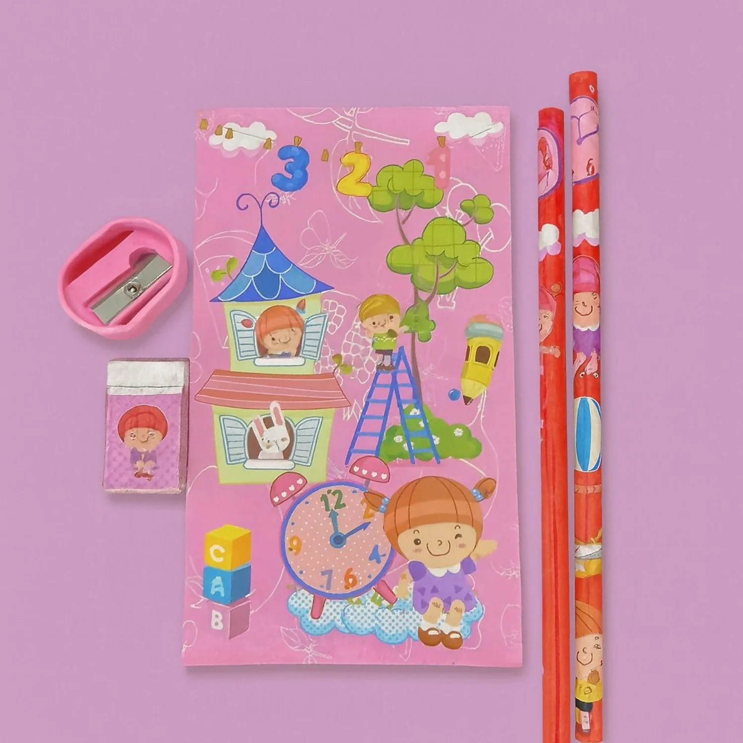 Girls Cartoon Stationery Set with Notebook, Pencils, Eraser & Pouch - Image 3