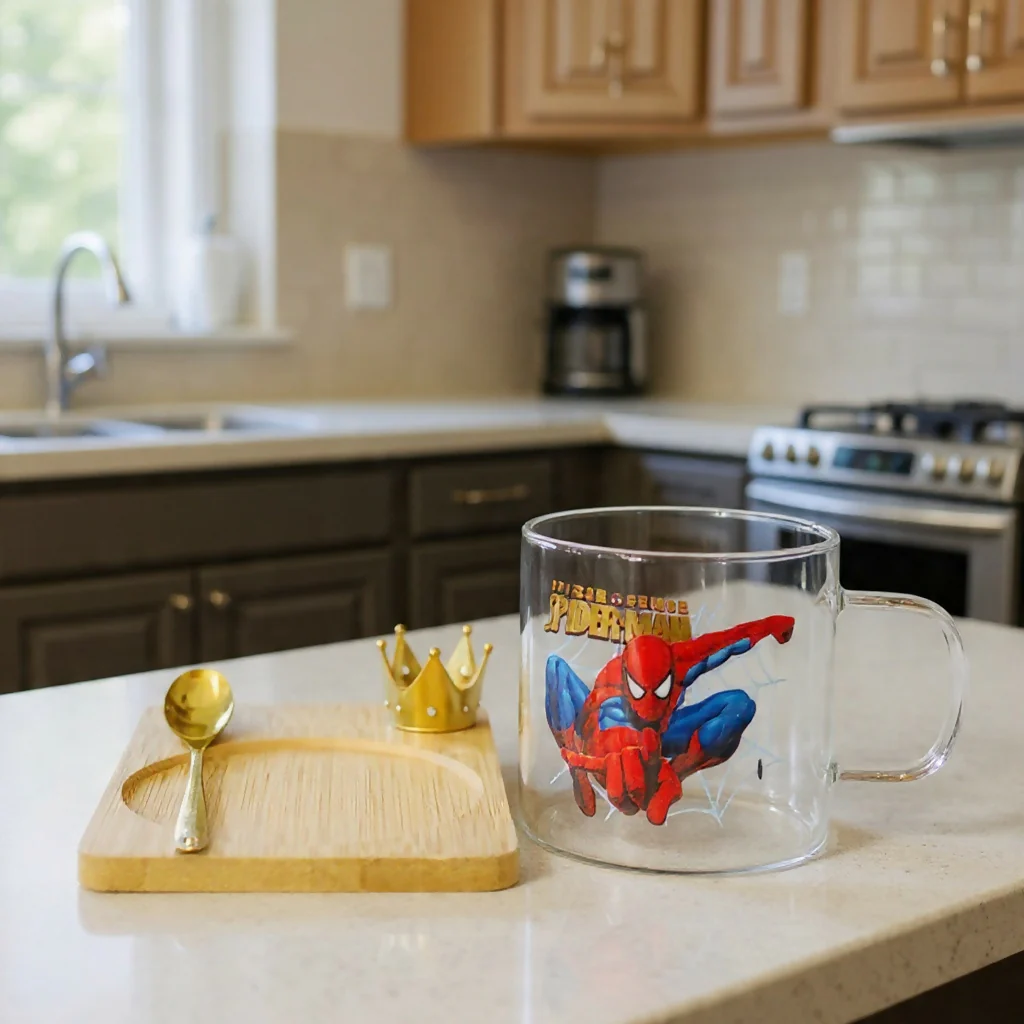 Glass Coffee Mug with Wooden Tray, Spoon & Crown Holder Set (Design may vary) - Image 3