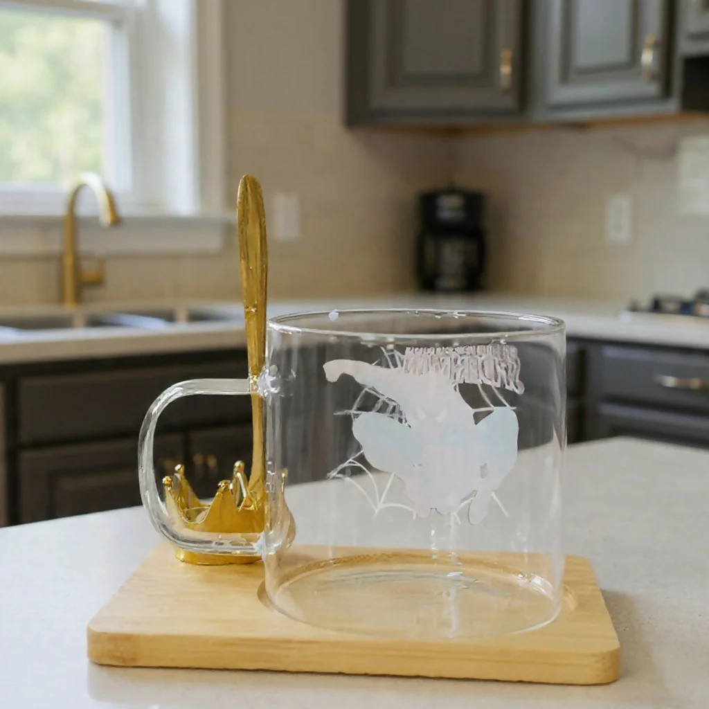 Glass Coffee Mug with Wooden Tray, Spoon & Crown Holder Set (Design may vary) - Image 5