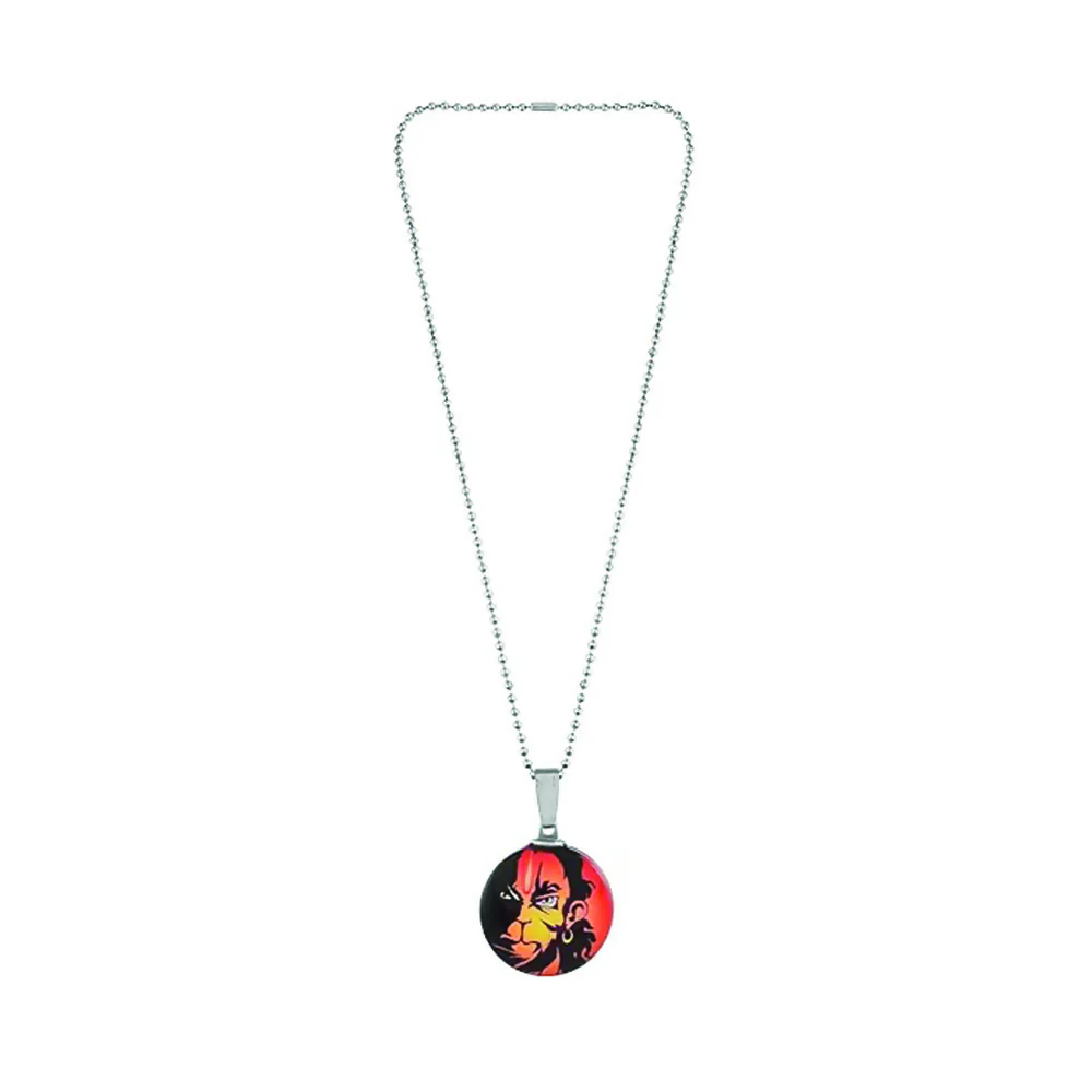 Glass Framed Orange Enamel Hanuman Locket Chain Pendant - Image 2